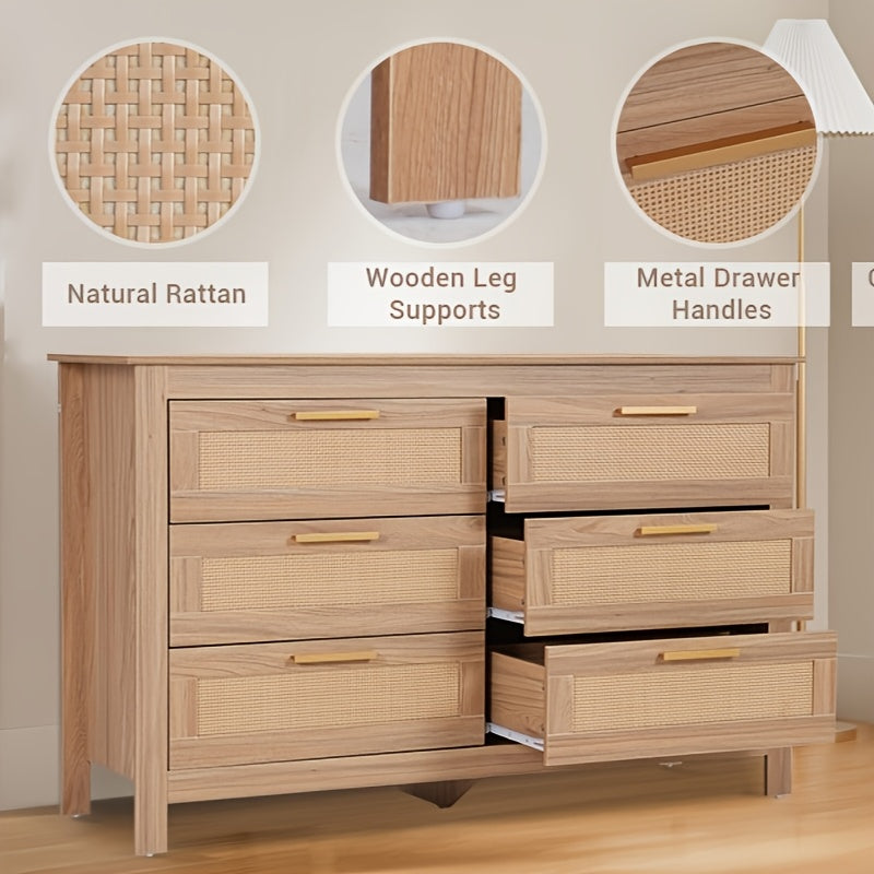 48.42"L X 15.7"W X 29.92"H, Rattan Dresser For Bedroom Modern 6 Drawer Double Dresser With Handles, Wood Storage Chest Of Drawers Fo Bedroom Living Room Hallway Natural Style Home Kitchen Decorative, Keep Your Items Organized