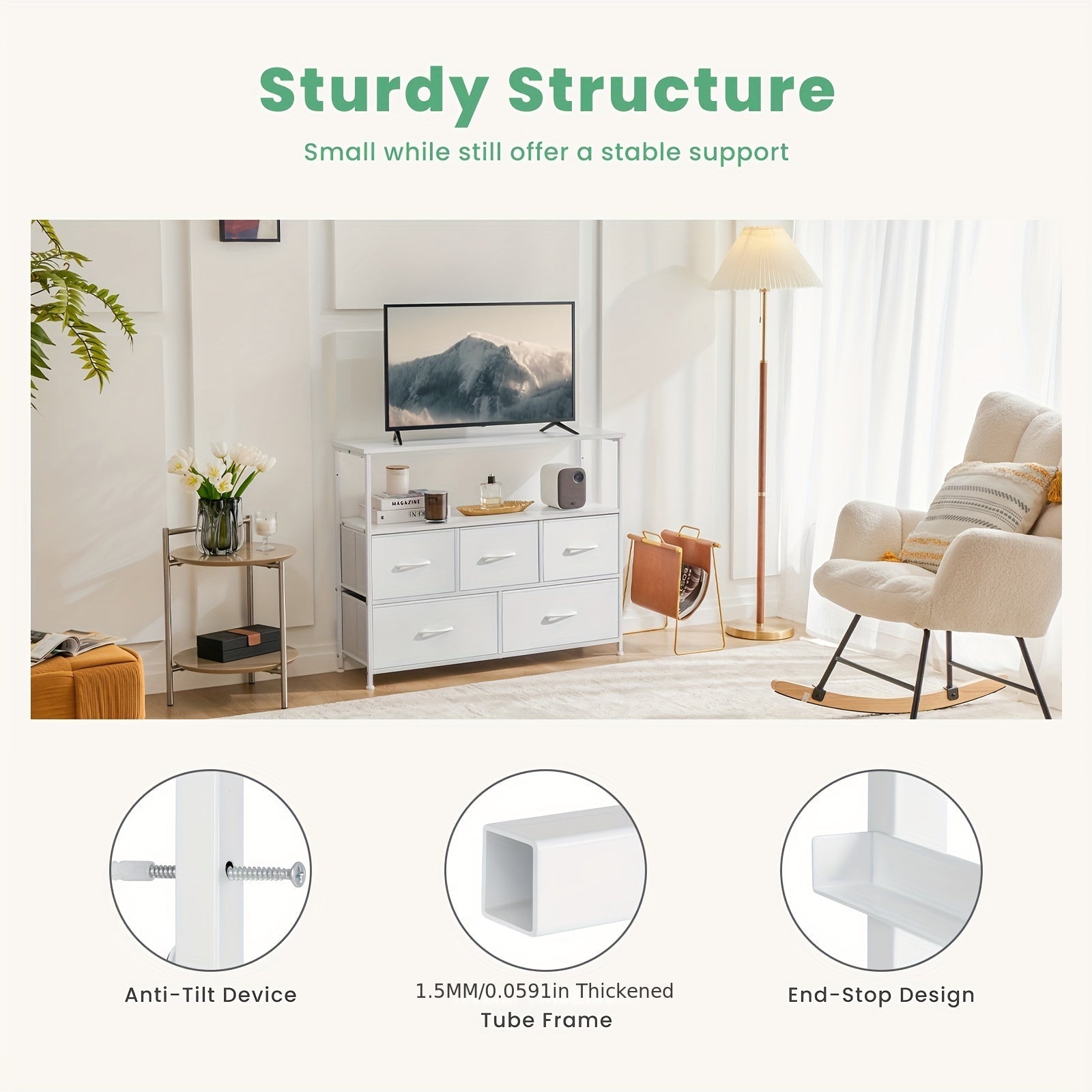 5 Fabric Drawer Dresser TV Stand With Universal TV Stand Base For Bedroom Entertainment Center For 45 Inch TV
