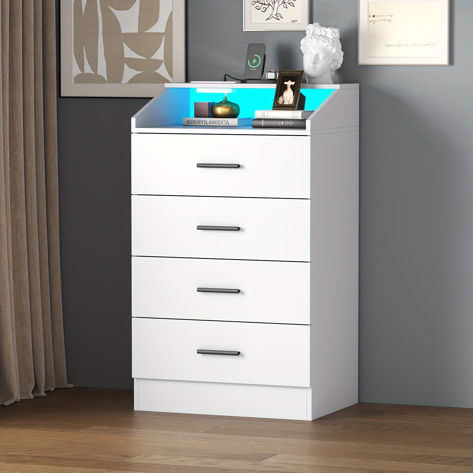 Spacious White LED-Lit Dresser with Power Outlet - 3-Drawer Nightstand & Storage Cabinet, Durable MDF Construction, Ample Open Storage Space for Bedroom, Hallway, Living Room Decor