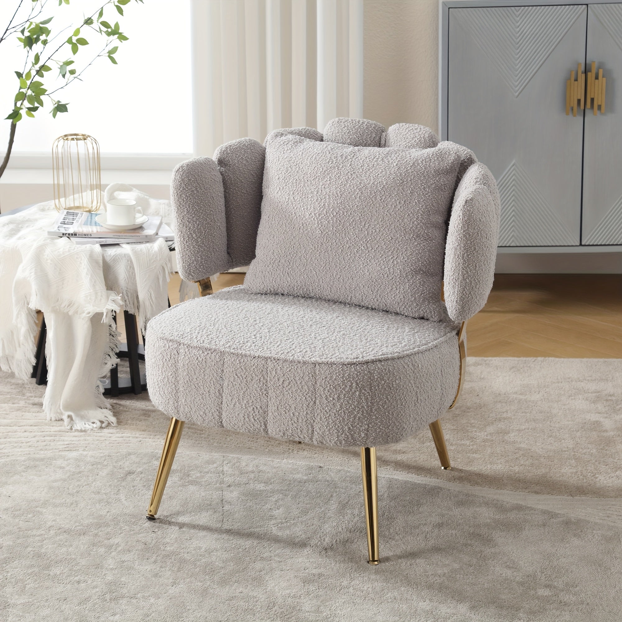 Modern Accent Chair Living Room Tufted Chair With Curved Backrest Boucle Single Chair With Golden Metal Legs For Living Room Bedroom Waiting Room Reading Room Cafe