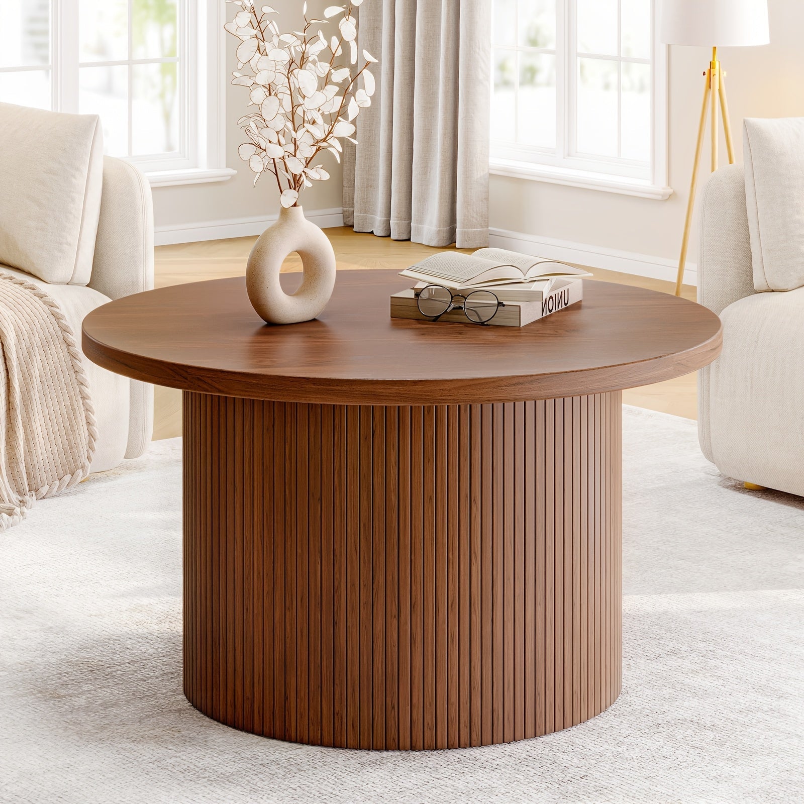 Modern 79cm Round Wooden Coffee Table with Anti-Slip Pad and Roller Curtain Design for Living Room, Sofa Side Center Table