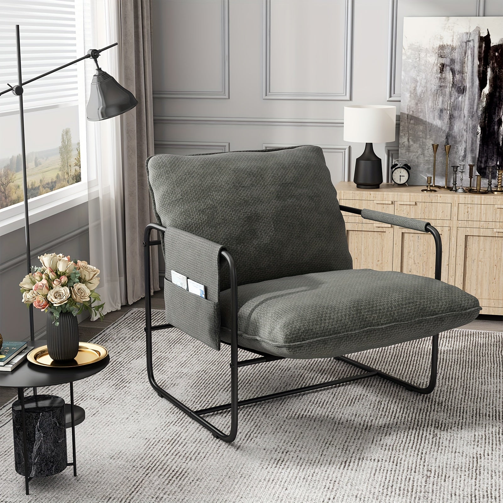 Modern Accent Velvet Fabric Sling Chair, Metal Frame Upholstered Armchair With Removable Storage Bag For Bedroom Reading Office, Easy To Assemble