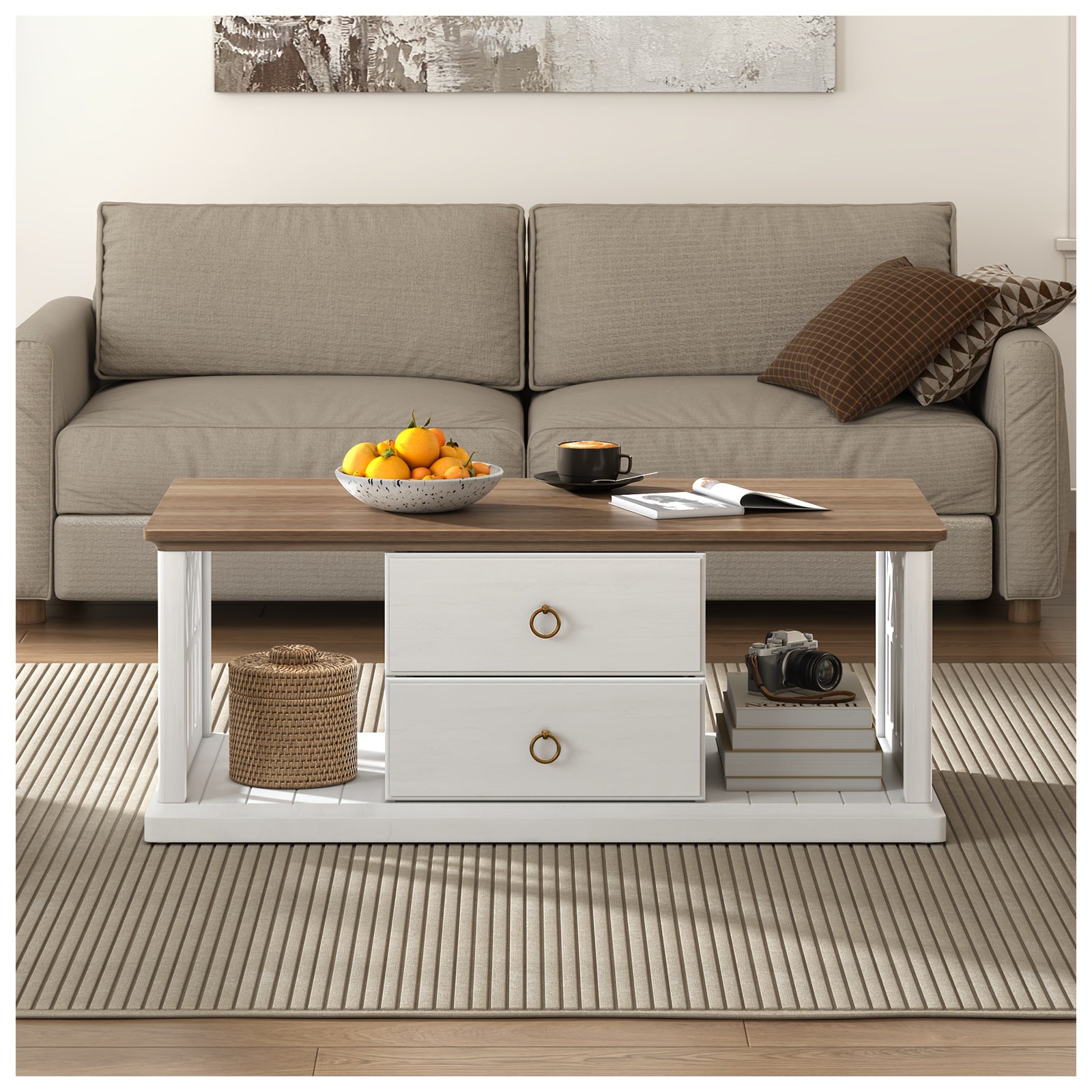 1pc Mid Century Modern Farmhouse Coffee Table - 47" Rectangular Wooden Center Table with White Finish, Engineered Wood Frame, MDF Top, Space-Saving Design for Small Living Rooms