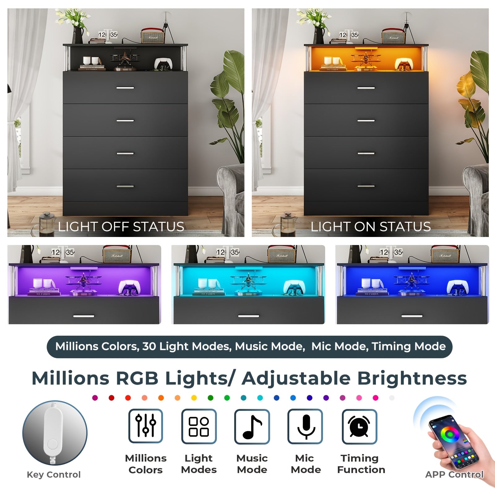 Modern Black LED Bedroom Dresser with 4 Drawers & Storage Shelves - Sleek Column Design, Plug-In Powered