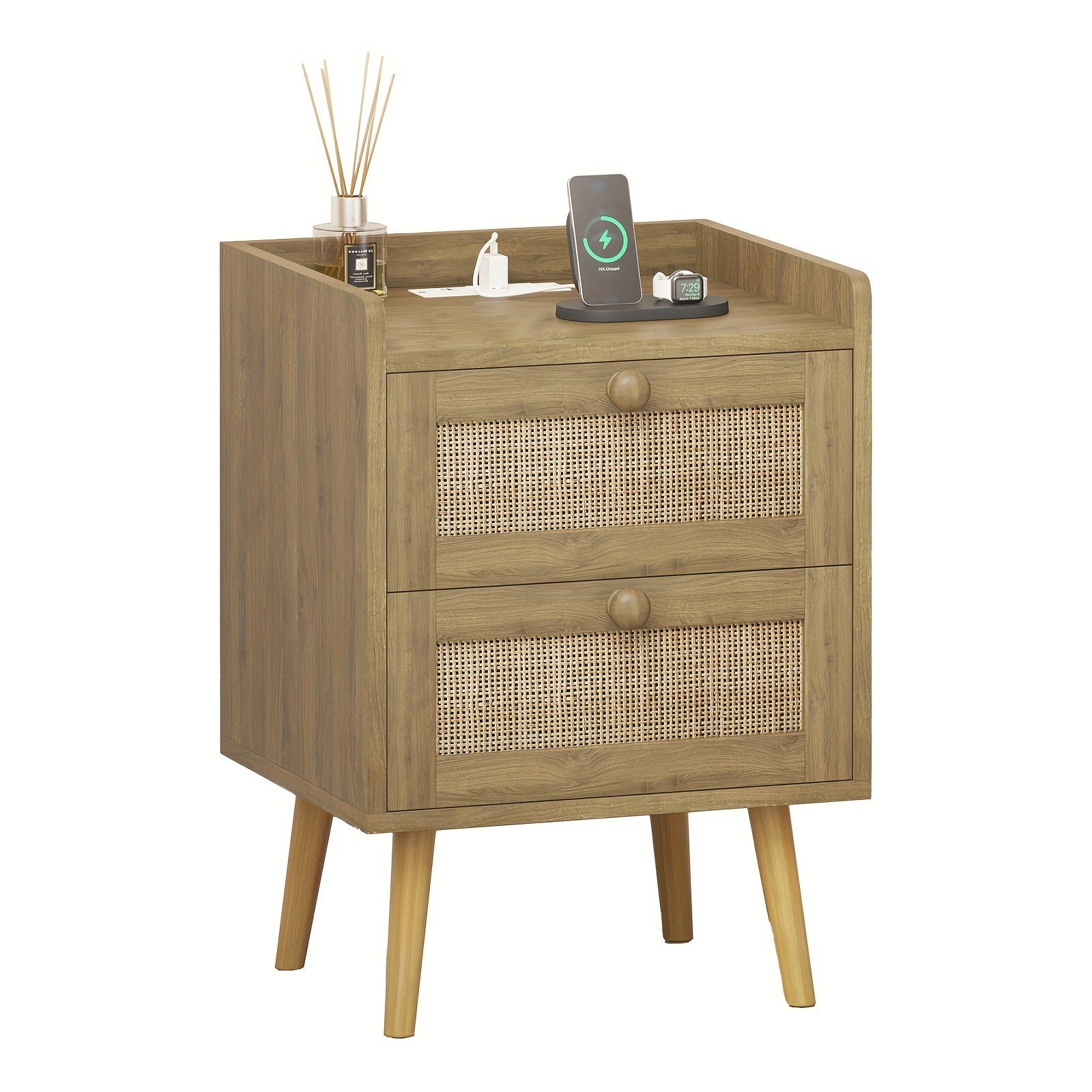 Rattan Nightstand with Charging Station, Rattan Boho End Table with 2 Drawers, Natural Bedside Table for Bedroom, Living Room