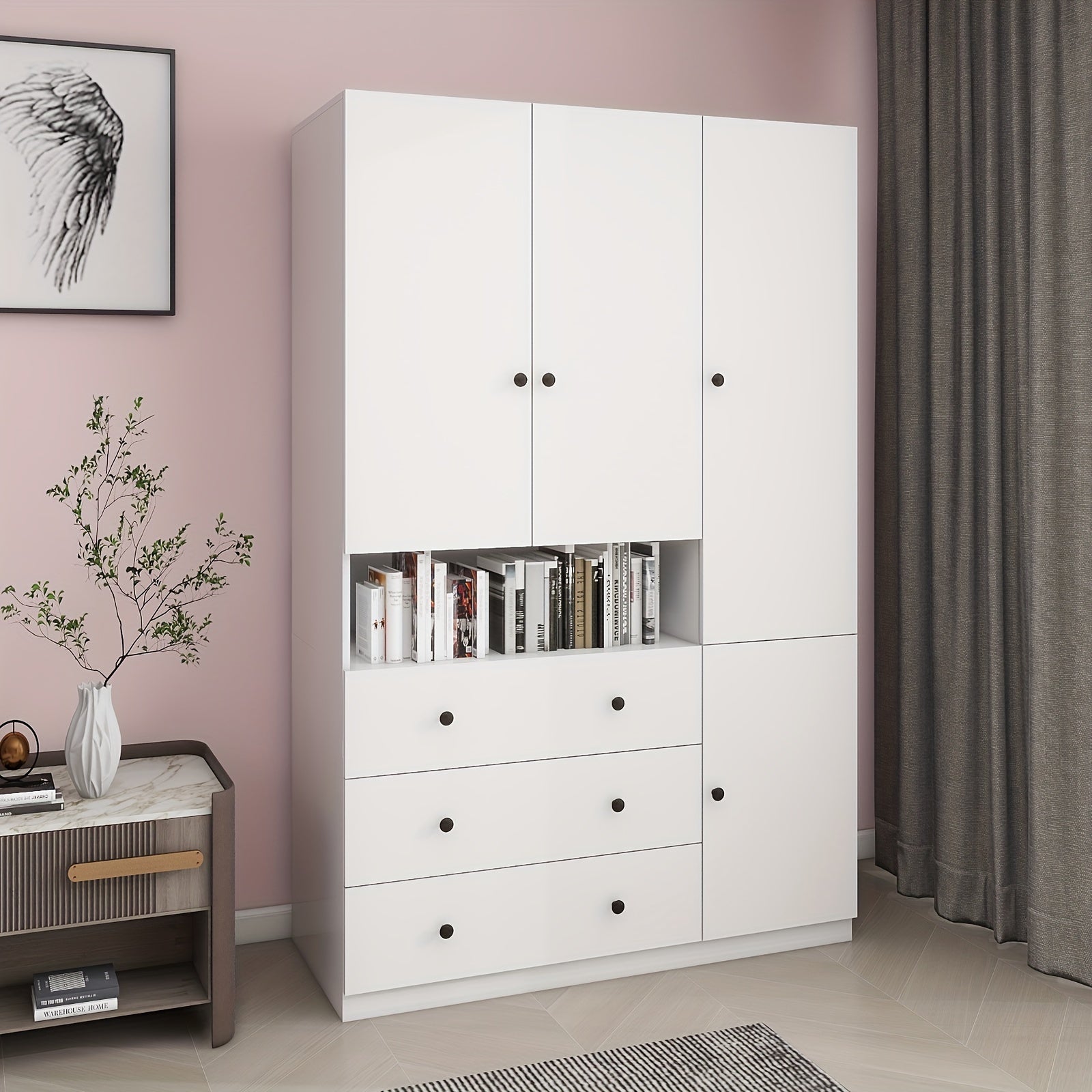 Spacious 3-Door White Wooden Armoire Wardrobe with Hanging Rod - Large Capacity, 3 Drawers & Open Storage, Perfect for Bedroom Organization