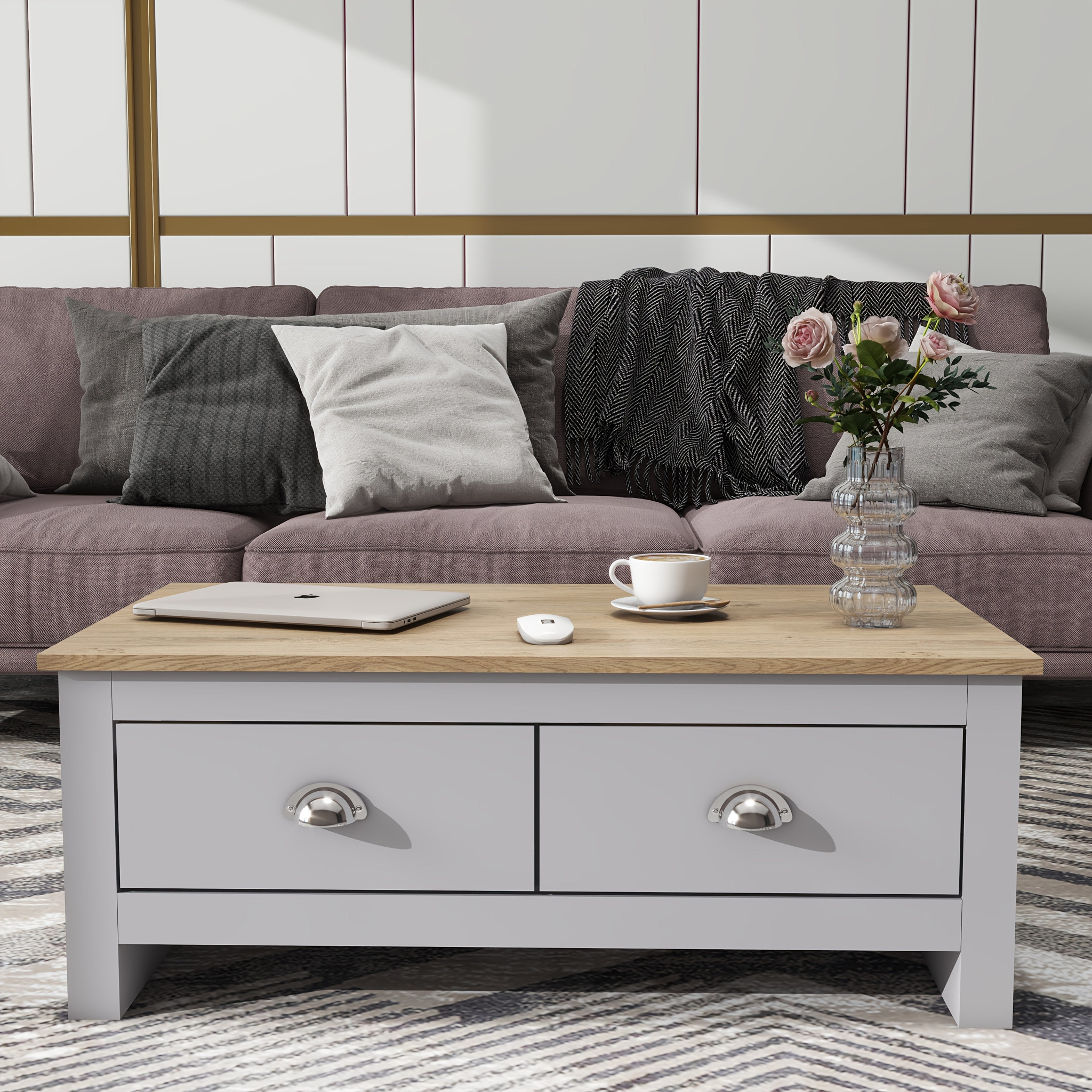 Coffee Table with 2 Drawers Storage, Living Room Wooden Coffee Table, Easy to Assemble, Suitable for Small Space