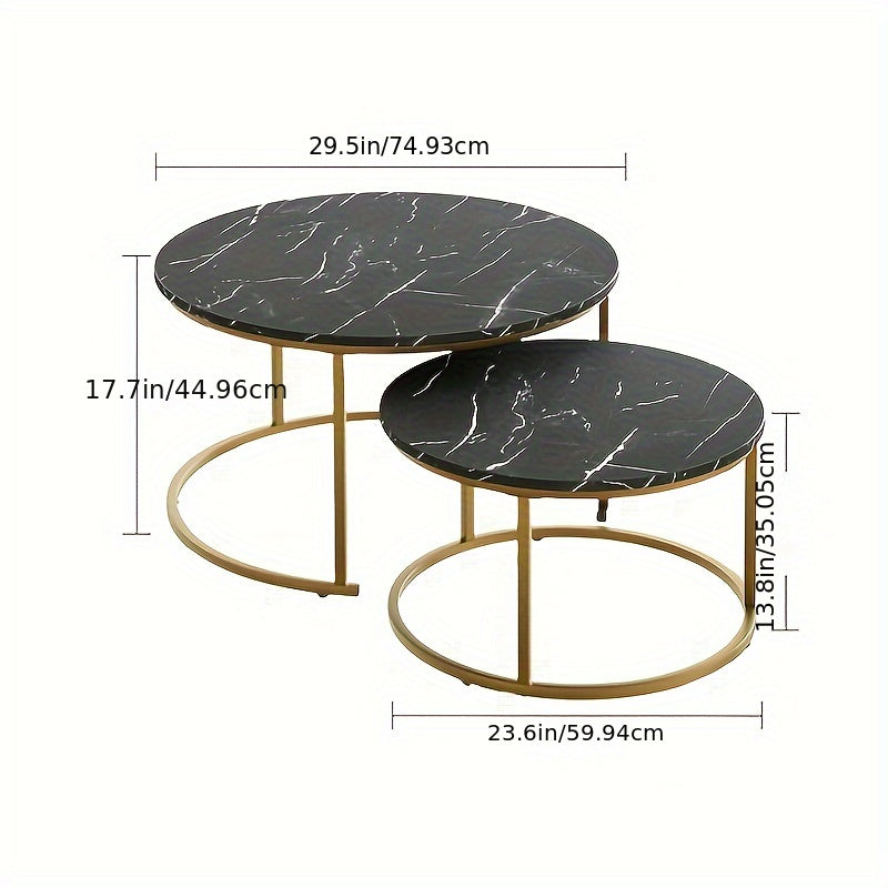 2-piece Set, Nested Coffee Table, Large White, Black, Brown Artificial Marble Edge Table, Steel Frame Circular And Circular Wooden Table, Living Room, Bedroom, Apartment, Modern Small Space