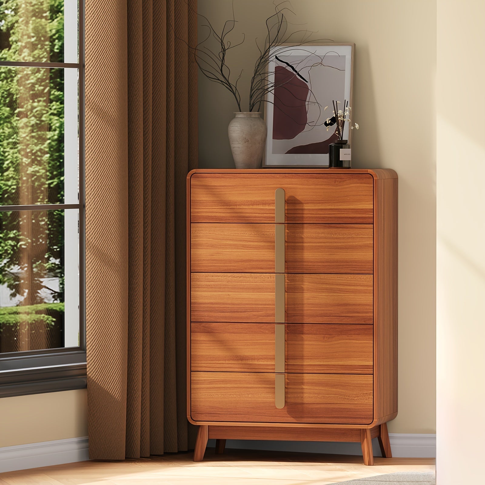 Mid-Century Modern 5/6 Drawer Dresser - Cherry Wood Finish 47.2’’ Tall with Metal Handles for Bedroom Living Room &