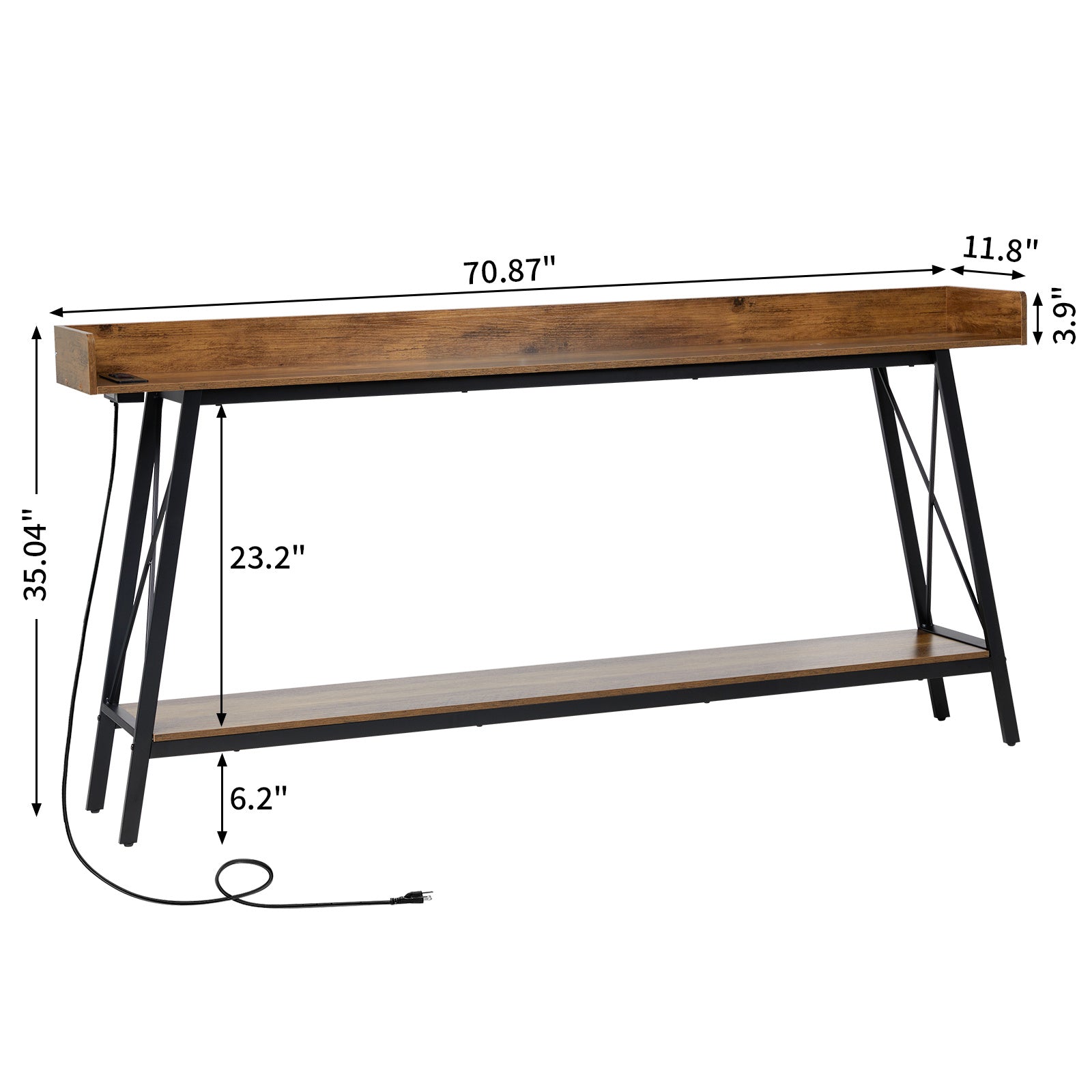 Extra-Long 70.9" Rustic Industrial Console Table with Storage Shelf - Brown, Sturdy Metal Frame & Built-In Power Outlet, Ideal for Living Room, Hallway, Entryway Decor, Table Decor