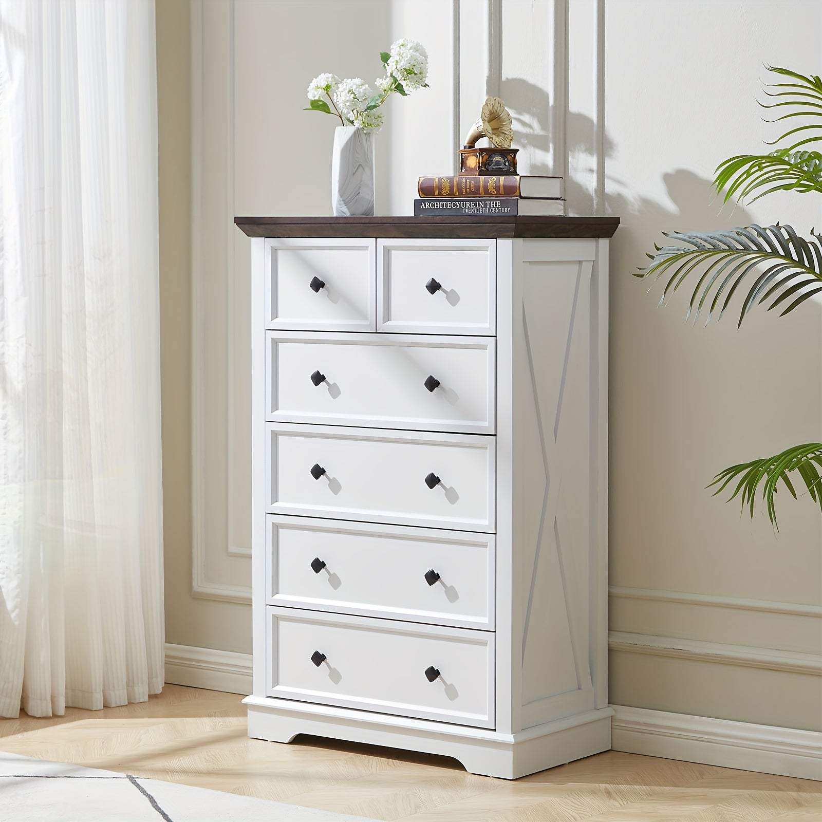 1pc Farmhouse Style 6-Drawer Dresser, 48" Tall Hardwood & Artificial Board Chest, White Storage Cabinet for Bedroom, Living Room, Entryway - Independent, No Electricity Needed