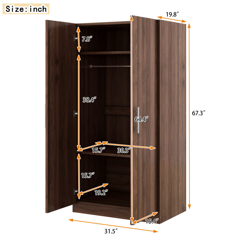 Spacious 2-Door Brown Wooden Wardrobe Armoire with 3 Shelves - Metal Frame, Floor Standing, Multi-Use Storage Organizer for Clothes, Shoes & More, Clothes Organizer Storage, Utility Racks