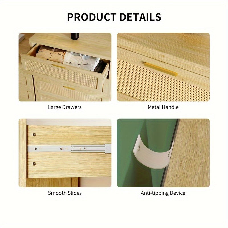 3 Drawer Dresser for Bedroom Rattan Modern Wooden Dresser Chest with Golden Handles, Wood Storage Cabinet Beside Table
