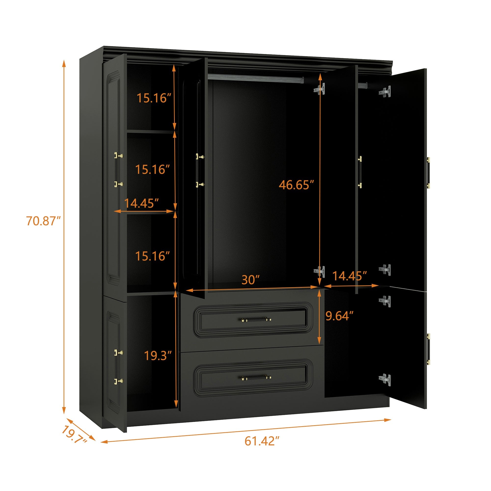 Modern Black Wooden Wardrobe Armoire with Drawer & Shelves - Waterproof, Free-Standing Closet Storage Cabinet for Bedroom, Dustproof with Golden Handles, Portable Closet, Storage Boxes for Organizing