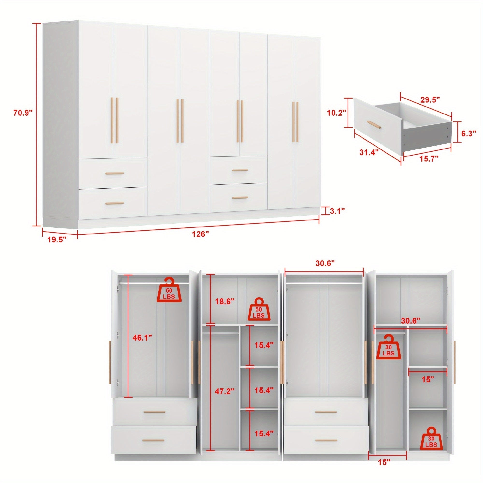 White Wooden Wardrobe with 4 Doors, 2 Drawers & 6 Storage Bins - Spacious Closet Organizer for Bedroom, Modern Design, Durable Engineered Wood Construction, No Assembly Required