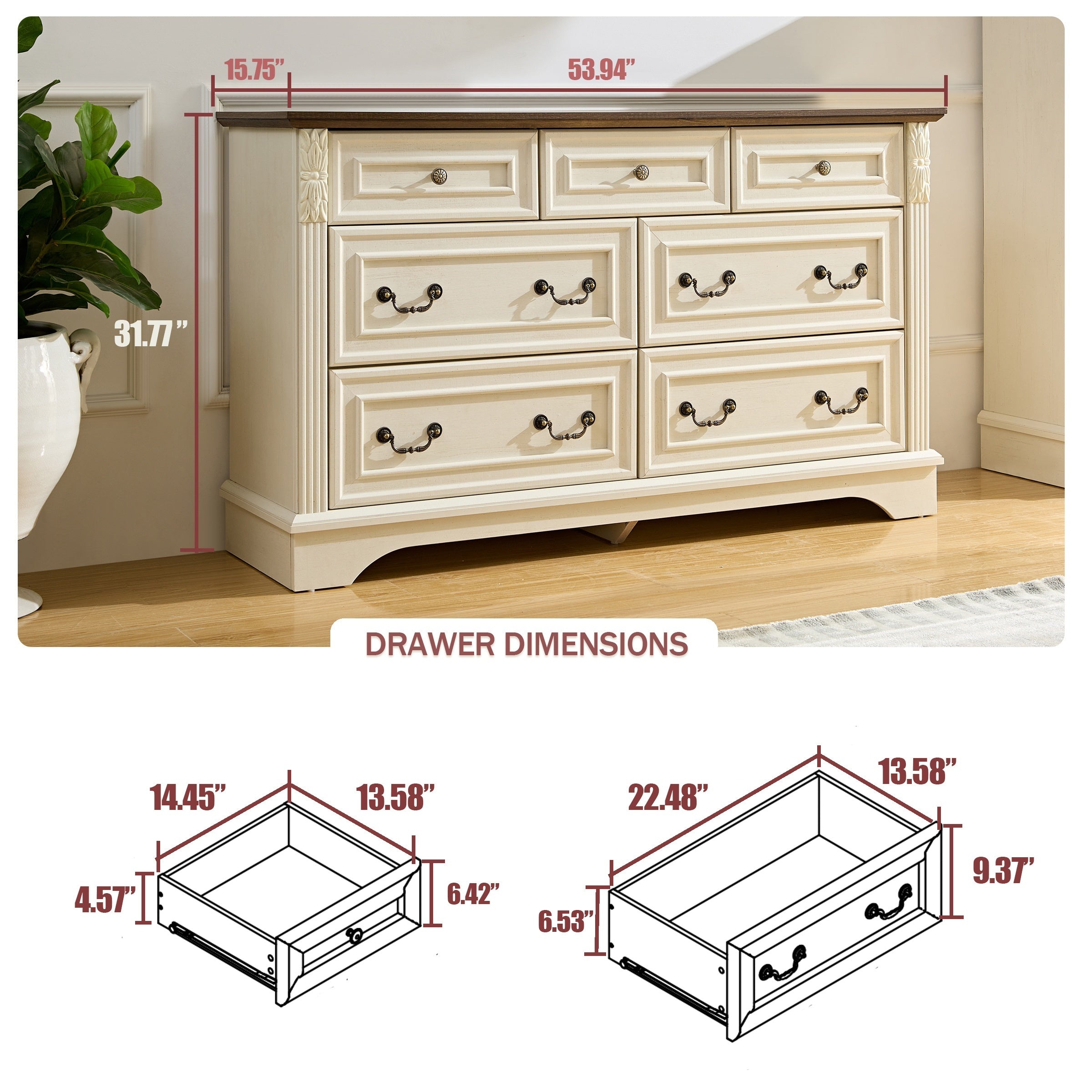 7 Drawers Dresser For Bedroom, Farmhouse 7 Chest Of Drawers, Tall Dresser For Bedroom, Storage Cabinet With Carved Wooden Pilasters For Living Room, Hallway, Office