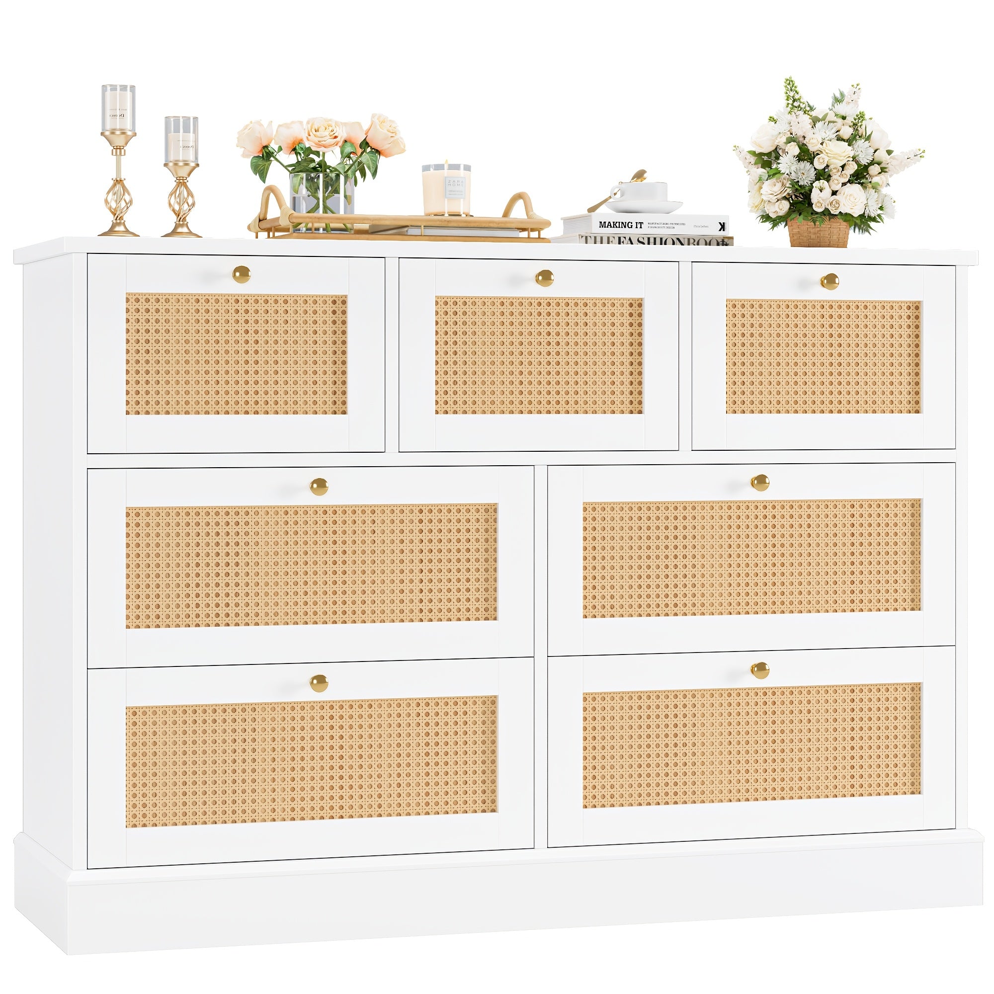 1pc Modern White Rattan Dresser with 7 Drawers - Wall Mount, No Wood, Electricity-Free, Spacious Closed Storage <3.2 Cubic Feet, Sturdy Over 27" Height, Golden Handles, Bedroom Storage Chest