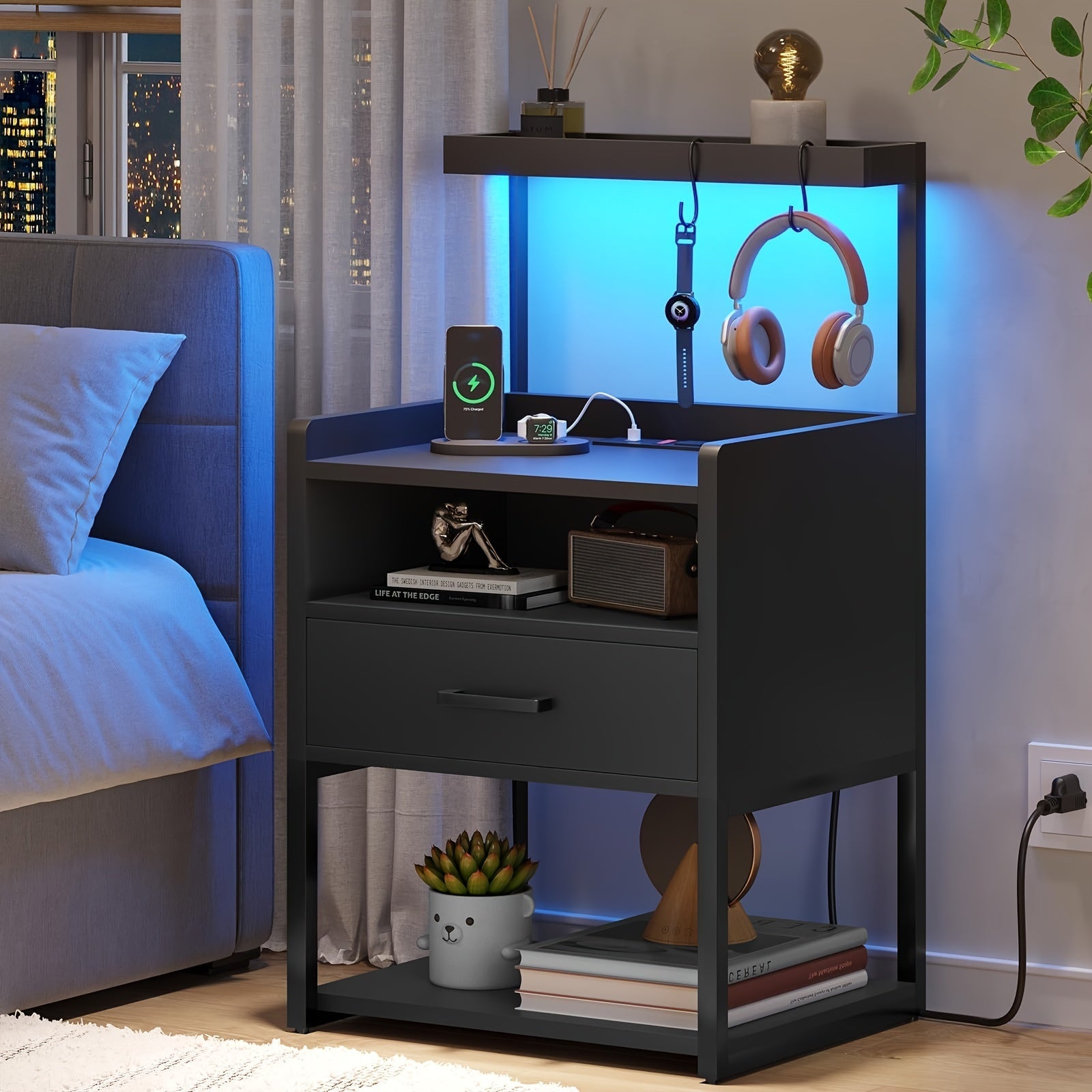 Nightstand With LED Lights Black Night Stand With Drawer Modern End Side Table With Open Storage Shelves Bedside Tables