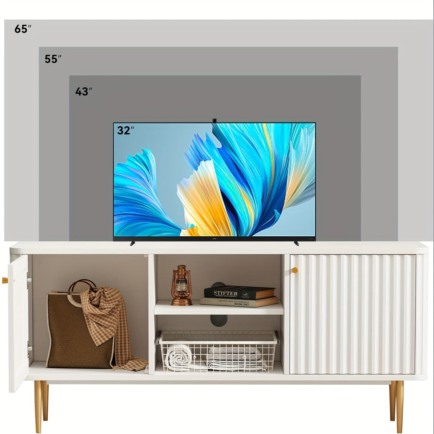 55" Fluted TV Stand - Mid-Century Modern White Entertainment Center with Golden Accents, Ample Storage for 55/60/65 Inch TVs, Ideal for Living Room & Bedroom Decor, TV Console, Media Console