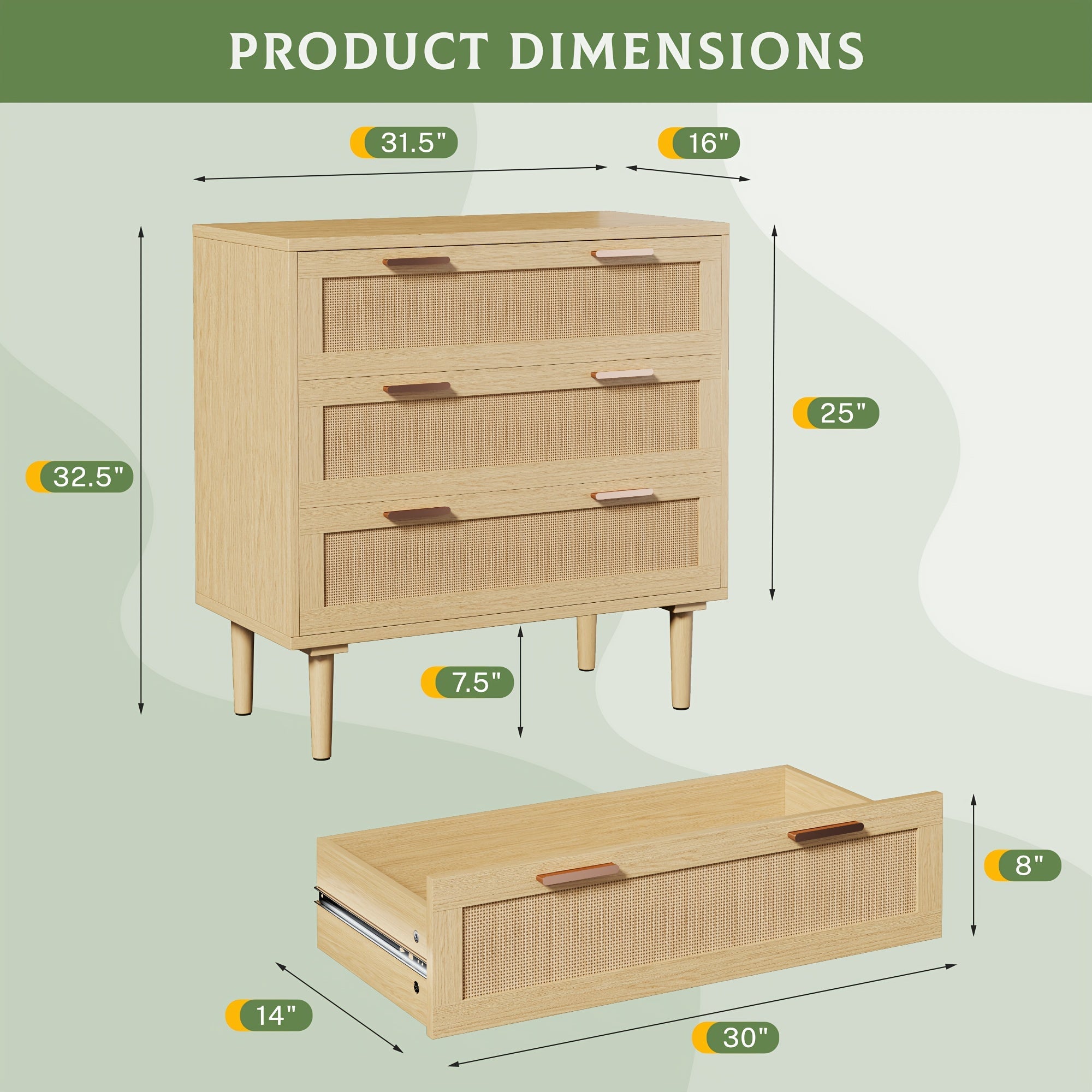 3 Drawer Dresser, Wooden Dresser For Bedroom, Rattan Chest Of Drawers With Metal Handles, Dressers For Bedroom, Living Room, Closet, Hallway, Portable Closets