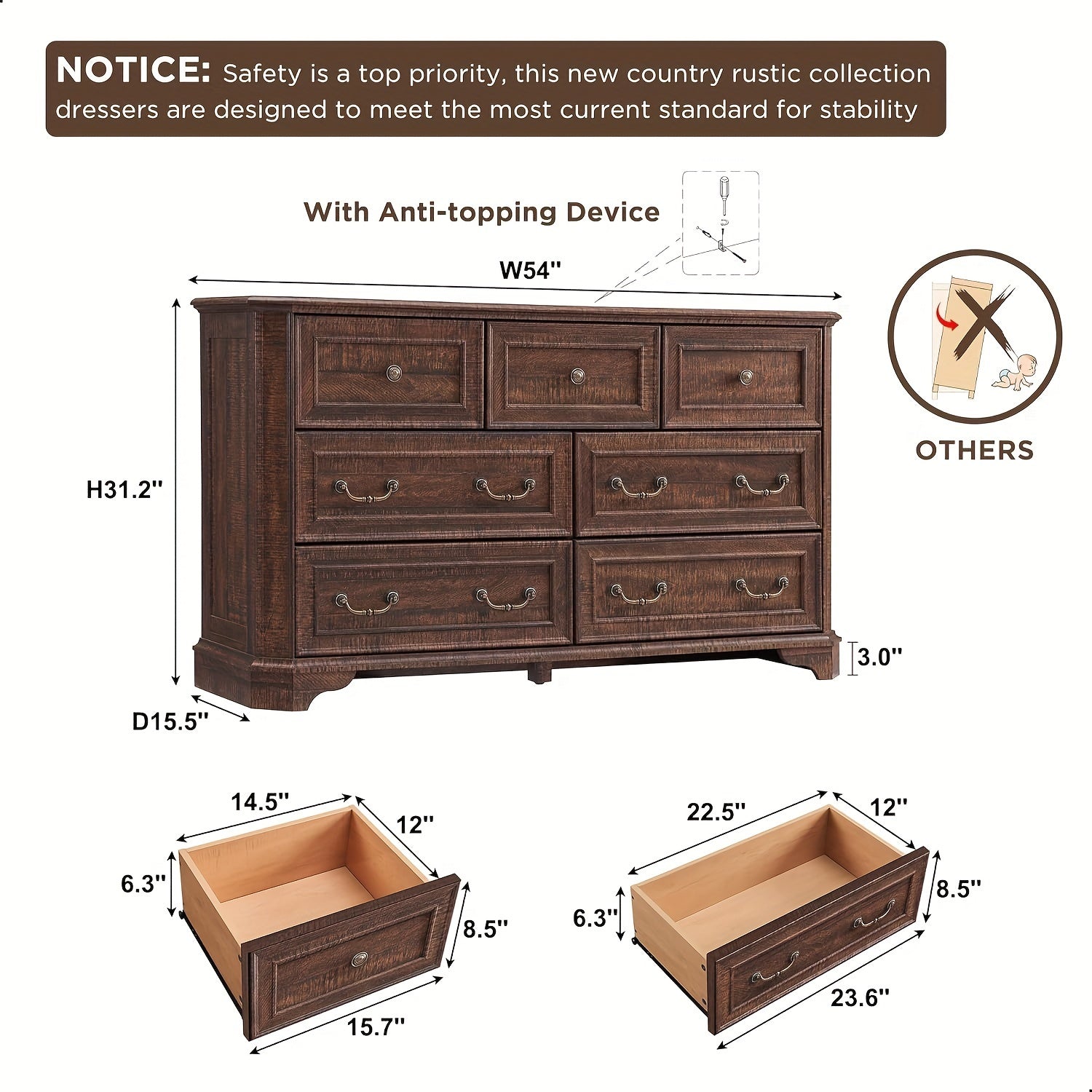 Farmhouse 7 Drawers Dresser for Bedroom 138cm Wide Wood Rustic Chest of Drawers with Natural Texture Vintage Design