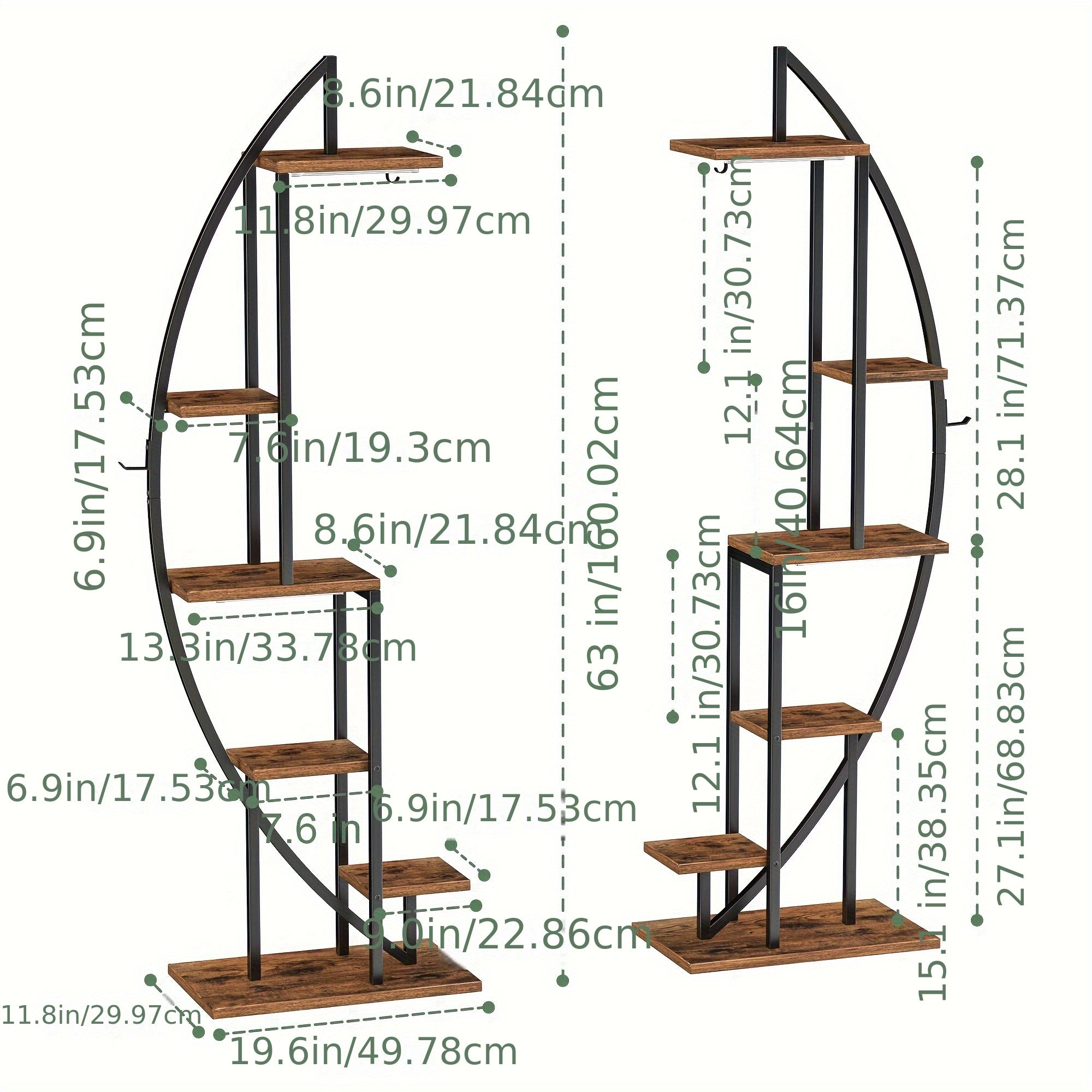 2pcs 63" Half-Moon Indoor Plant Stands with Full-Spectrum Grow Lights - Multi-Tier Metal Display Shelves for Plants, Decor & More - Brown & Black