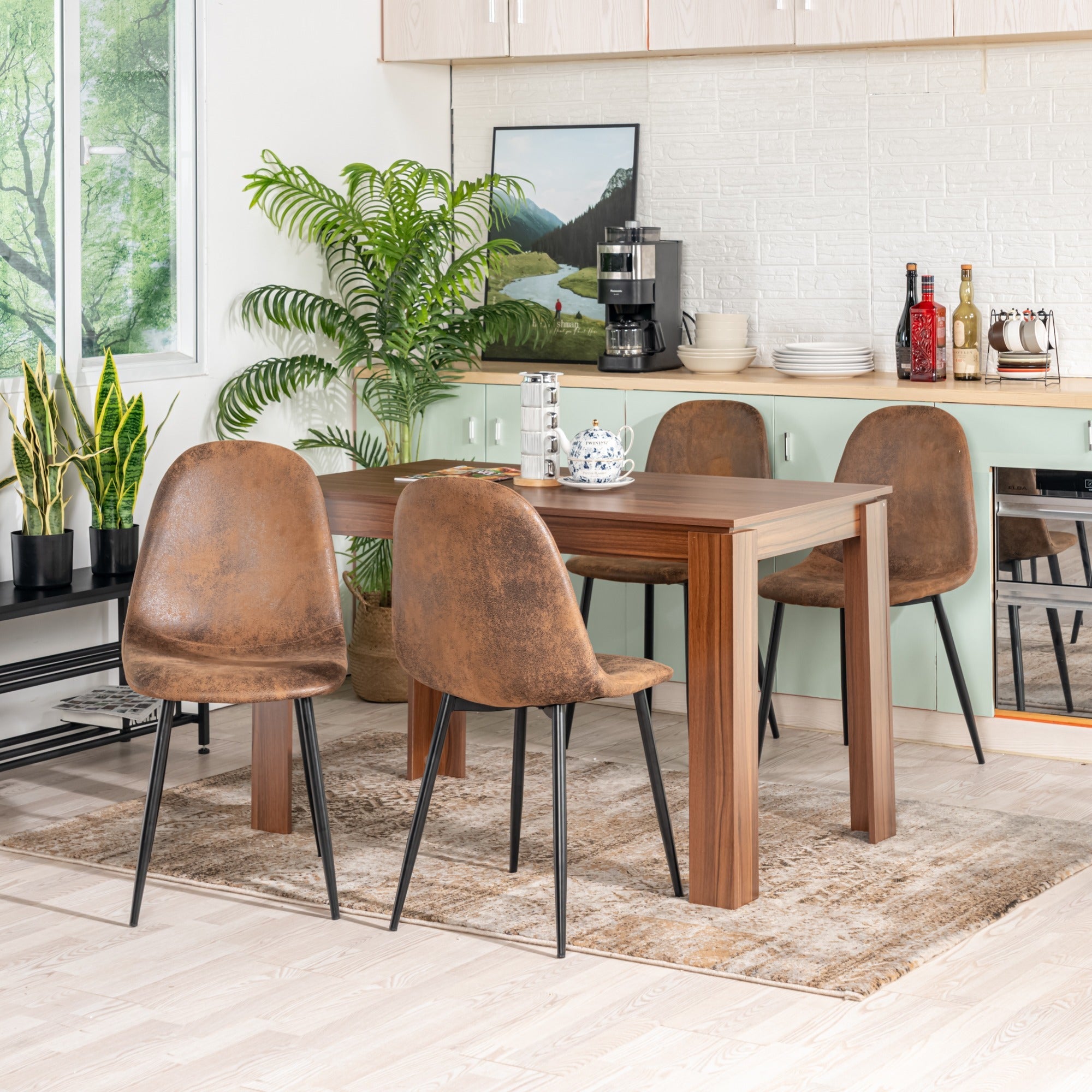 5-Piece Dining Set for 4 – 47.2'' Rectangular Wooden Table & 4 Suede Chairs, Space-Saving Mid-Century Modern Kitchen & Dining Room Furniture