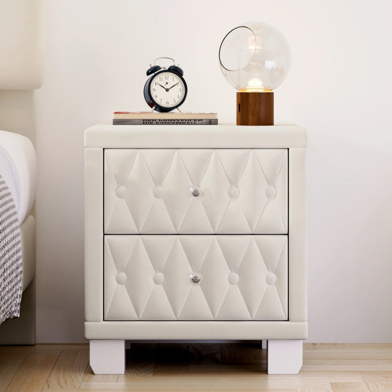 Elegant Beige Velvet Nightstand with Quilted Design, 2 Drawers & Crystal Handles - Classic Bedside Table with Decorative Top, Metal Frame for Modern Home Decor, Bedroom Decor, SENBOWE, Storage Cabinets