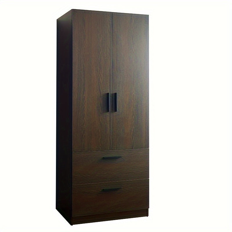 Dark Brown Wooden Closet with Dual Doors, 2 Drawers & Hanging Rods - Spacious Storage Solution, Mounted Closet Systems