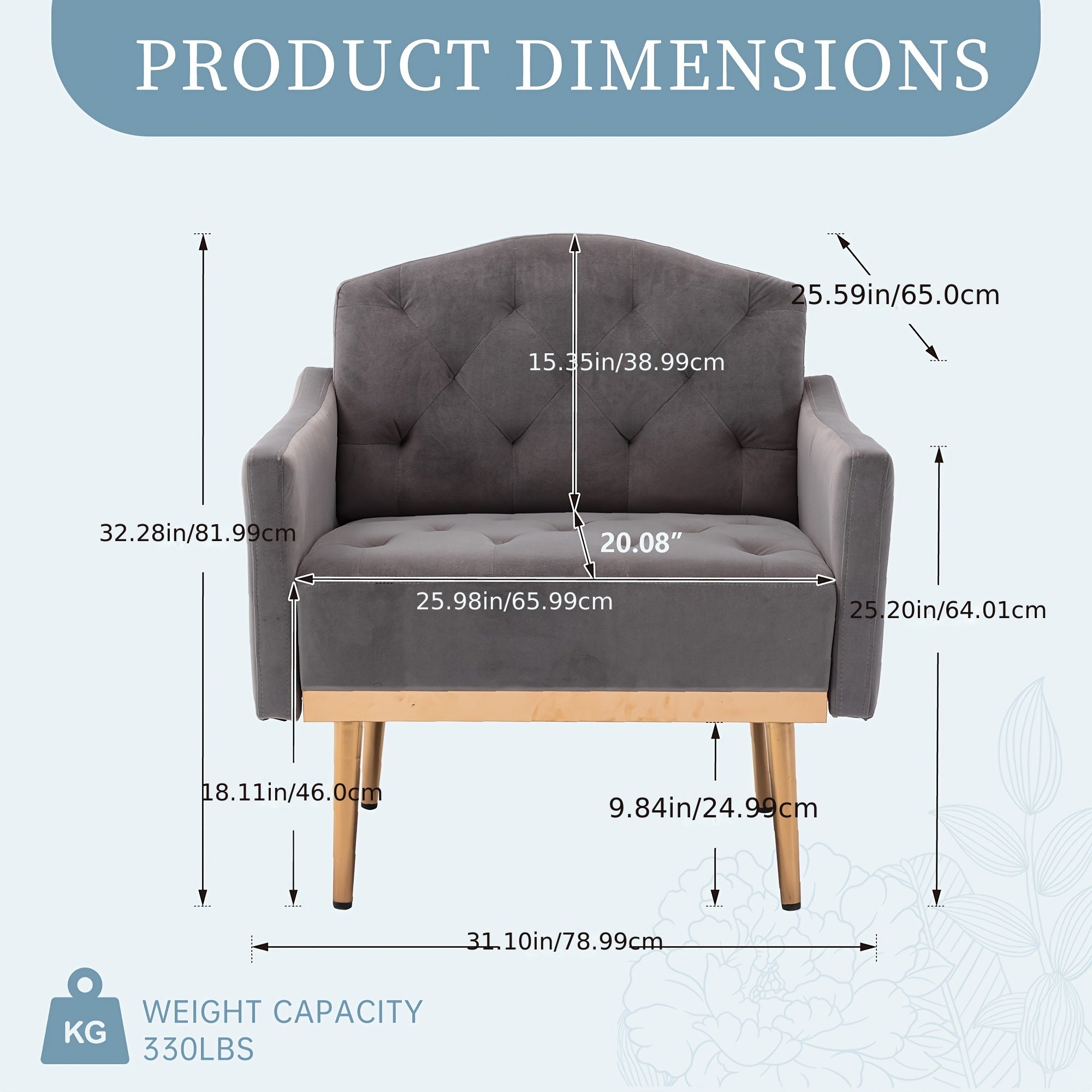 Elegant Gray Tufted Accent Chair with Arms - Modern Decorative Armchair with Golden Metal Legs, Soft Cushioned Reading Chair for Living Room, Bedroom, Office - Easy to Clean, Solid Back, Non-Reclining, Chair Furniture