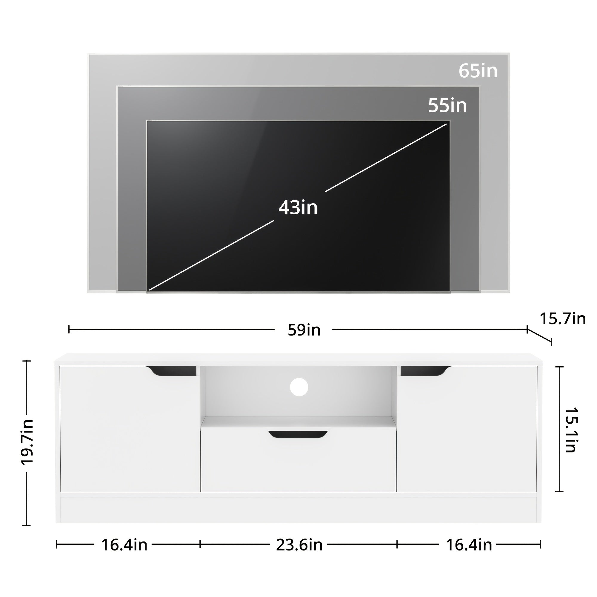 Modern Media TV Console Table with Storage Cabinet, Dresser-Style TV Stand for 55/60/65 Inch TVs, Gaming Entertainment Center with 2 Doors & Drawer, Freestanding Design for Living Room and Bedroom, Available in White or Black