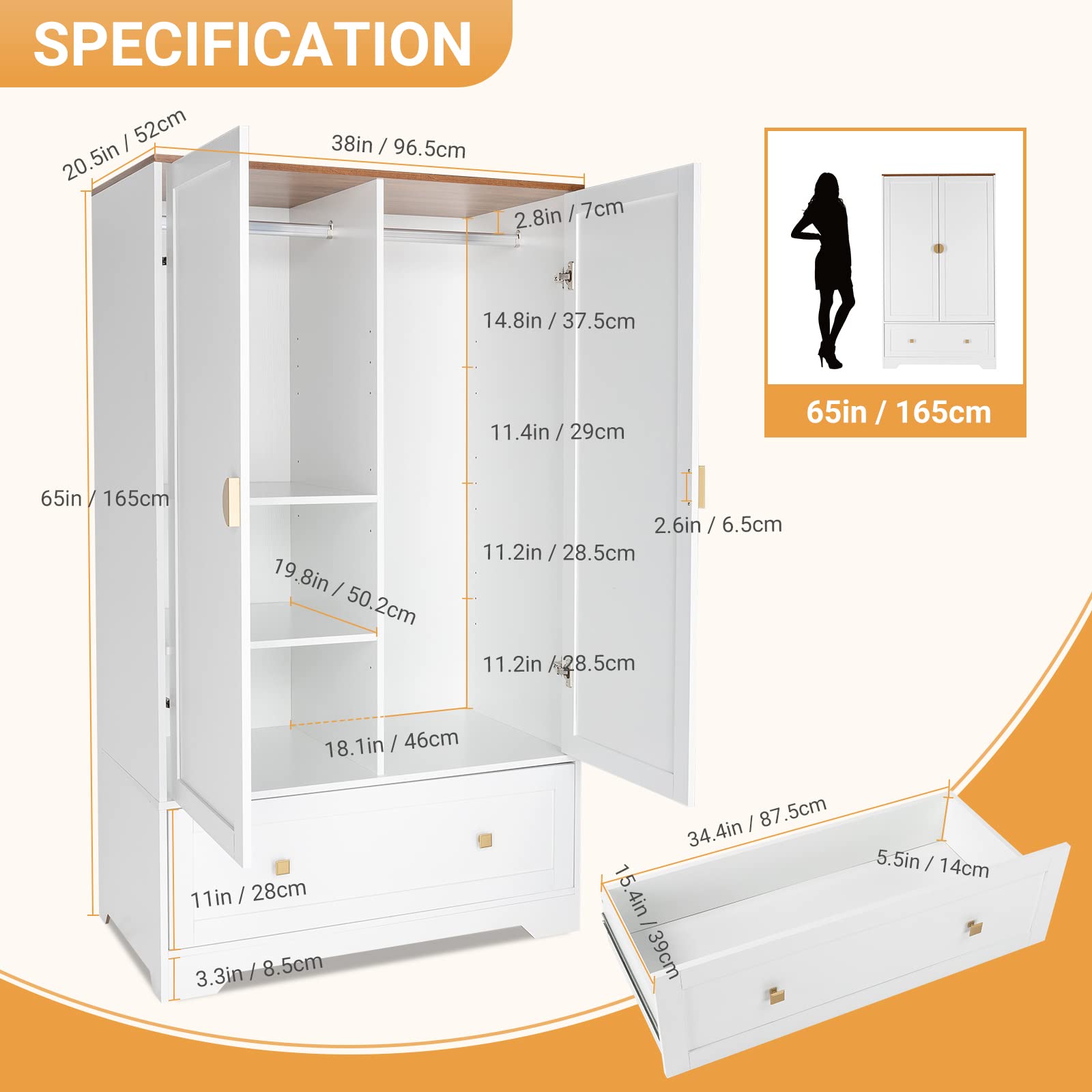 Wide Armoire Wardrobe Closet with Shelves, Hanging Rod and Drawers, Freestanding Closet Wardrobe Cabinet, Armoires and Wardrobes with Doors for Bedroom, Dorm