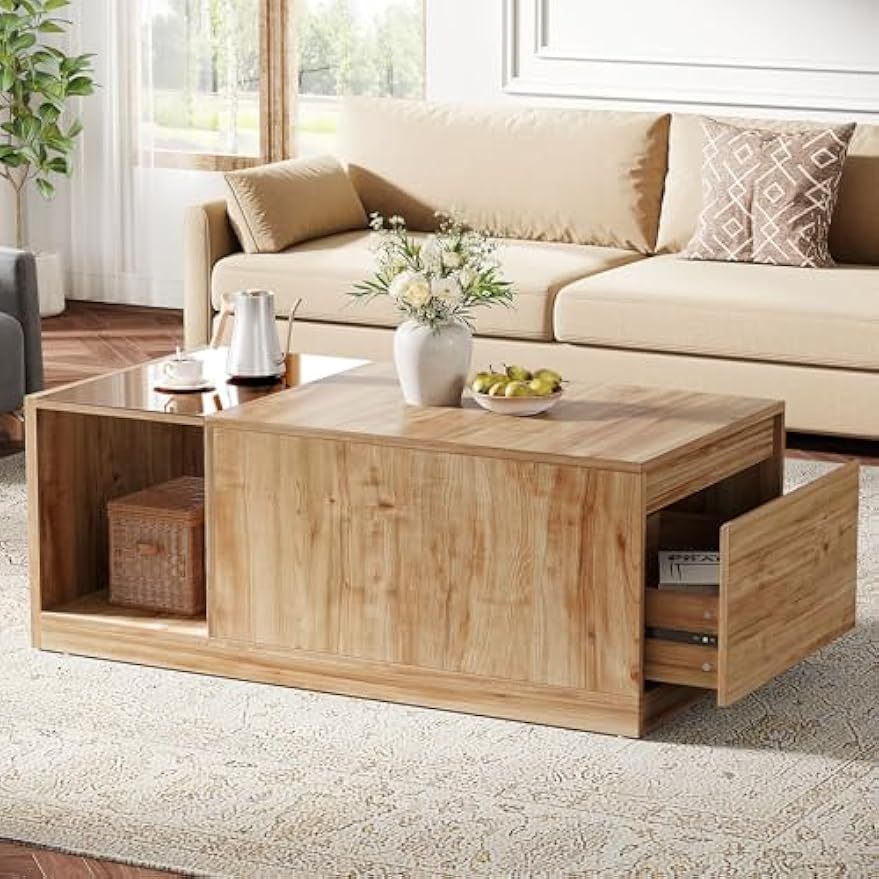 48 Inch Coffee Table with Drawer & Storage Shelf, Farmhouse Coffee Table with Tawny Glass, Wood Center Table for Living Room, Modern Home Furniture, Brown & Tawny