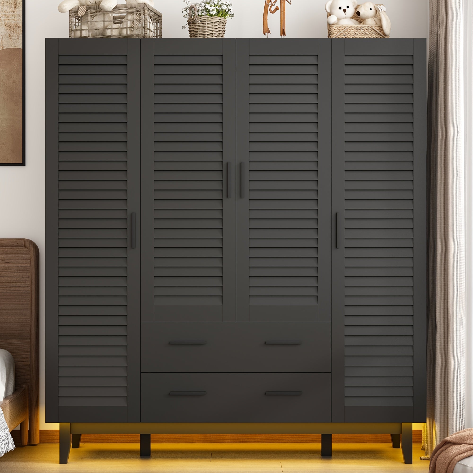 4 Door Wardrobe Armoire With 2 Large Drawers, 70" Armoire Wardrobe Closet With LED Lights, LED Wood Armoire Storage With Hanging Rods And Multi-Layer Shelves