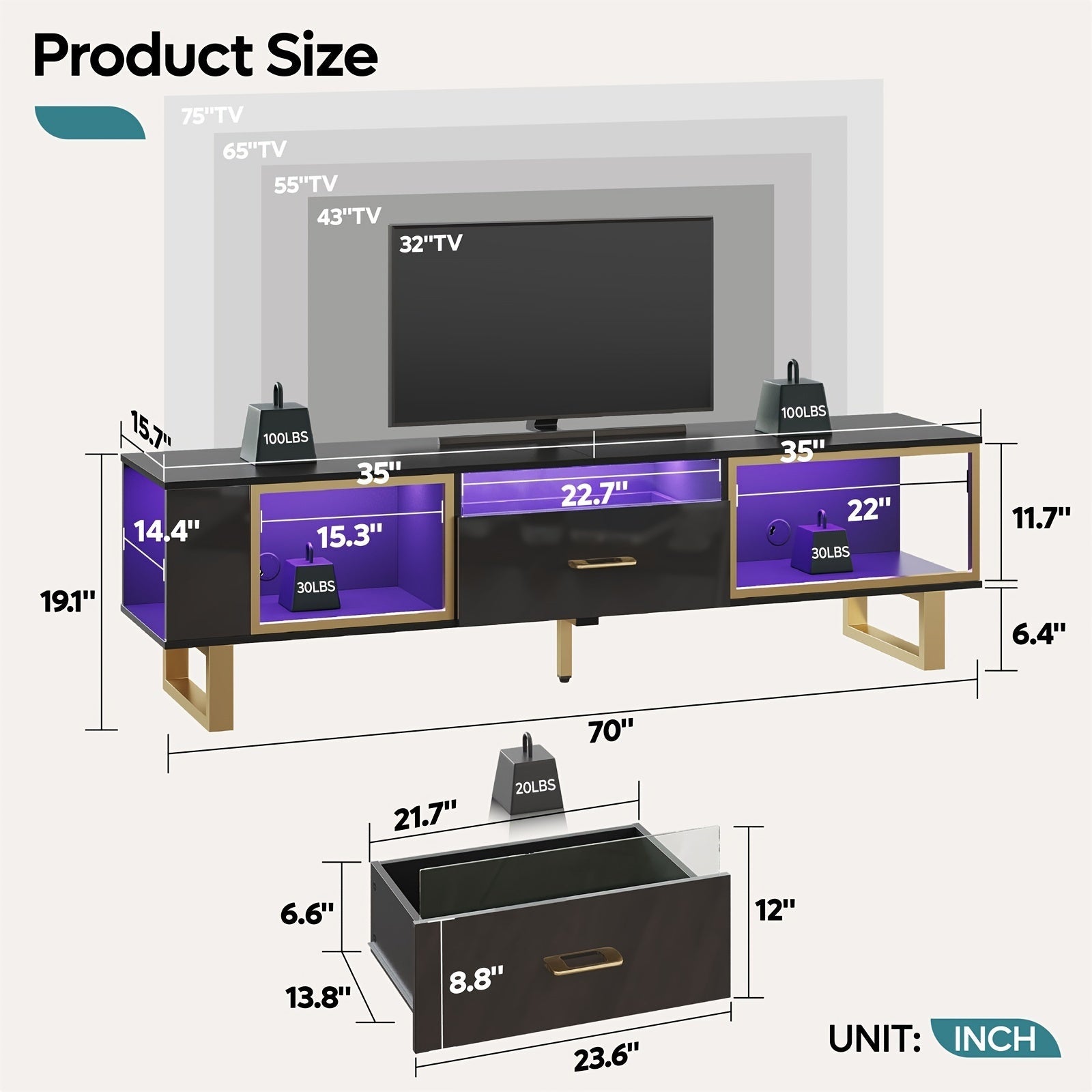 70 Inch TV Stand With LED Lights For Up To 80 Inch TV, High Gloss Entertainment Center With Open Storage And Half-Glass Design Drawer, Modern TV Console Table For Living Room, Sturdy, Easy To Assemble