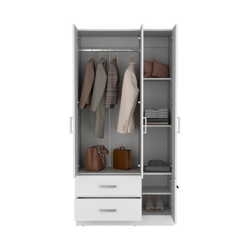 71" High Armoire Wardrove Closet with 2 Drawers, Four Doors, Three Cabinet, Six Shelves and Hanging Rod, Bedroom Clothes Storage Cabinet Organizer White