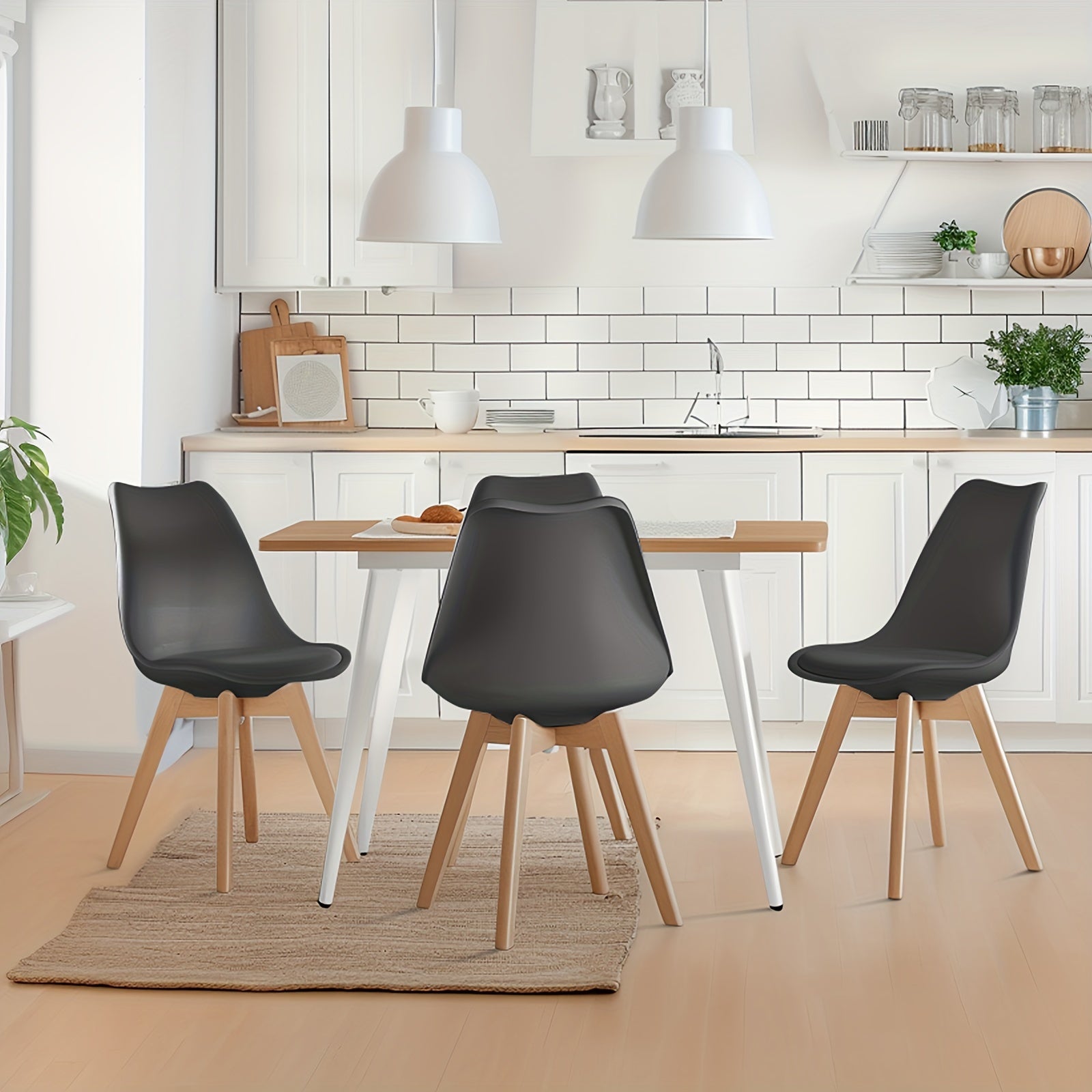 Dining Chairs Set Of 4, Mid-Century Modern Kitchen Chairs With Wood Legs And PU Leather Cushion, For Living Room, Bedroom, Outdoor, Lounge, Black And White