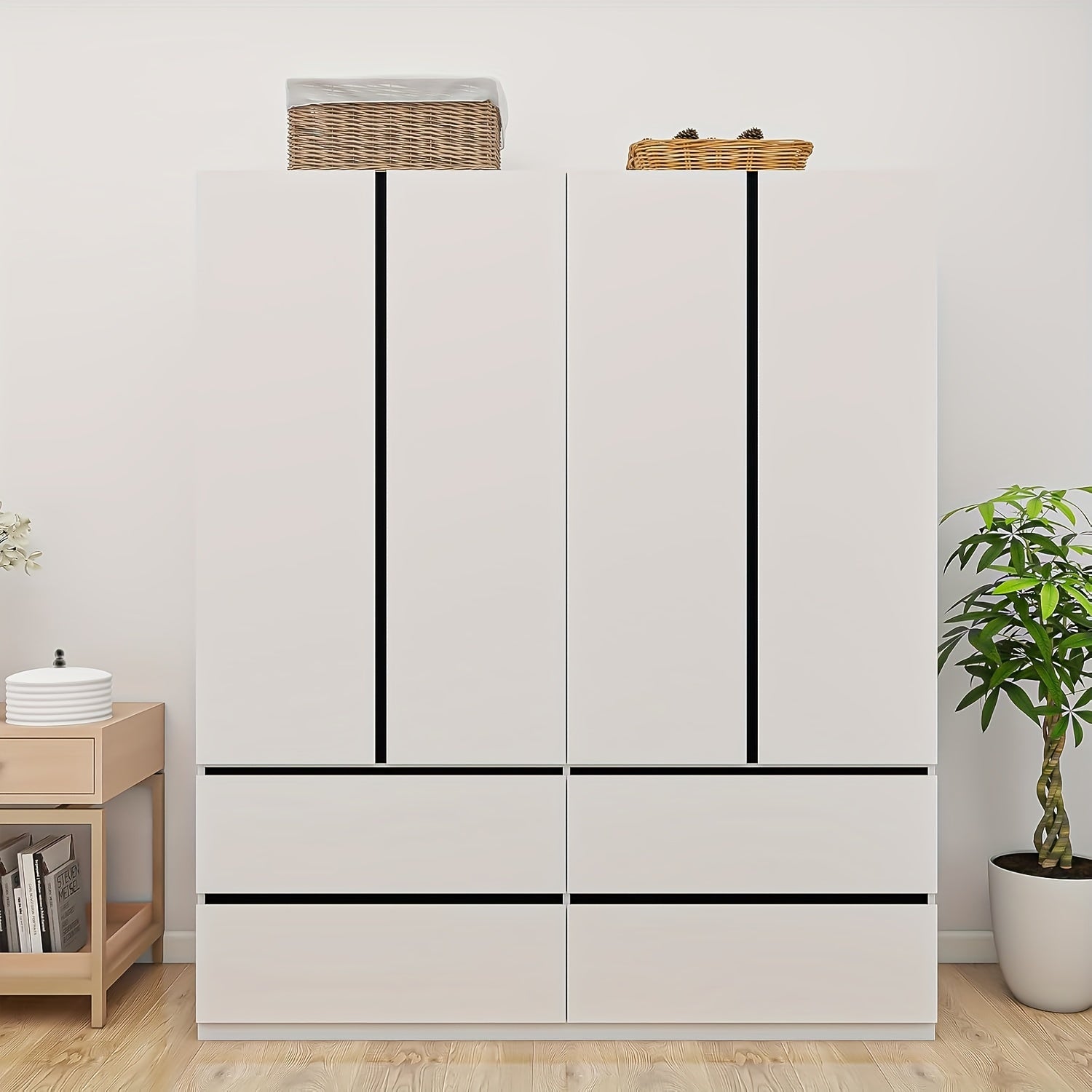 4-Door Armoire Wardrobe Closet, White Wood Storage Organizer With Hanging Rod, Quadruple Doors, And Drawers, Bedroom Wardrobe Closet