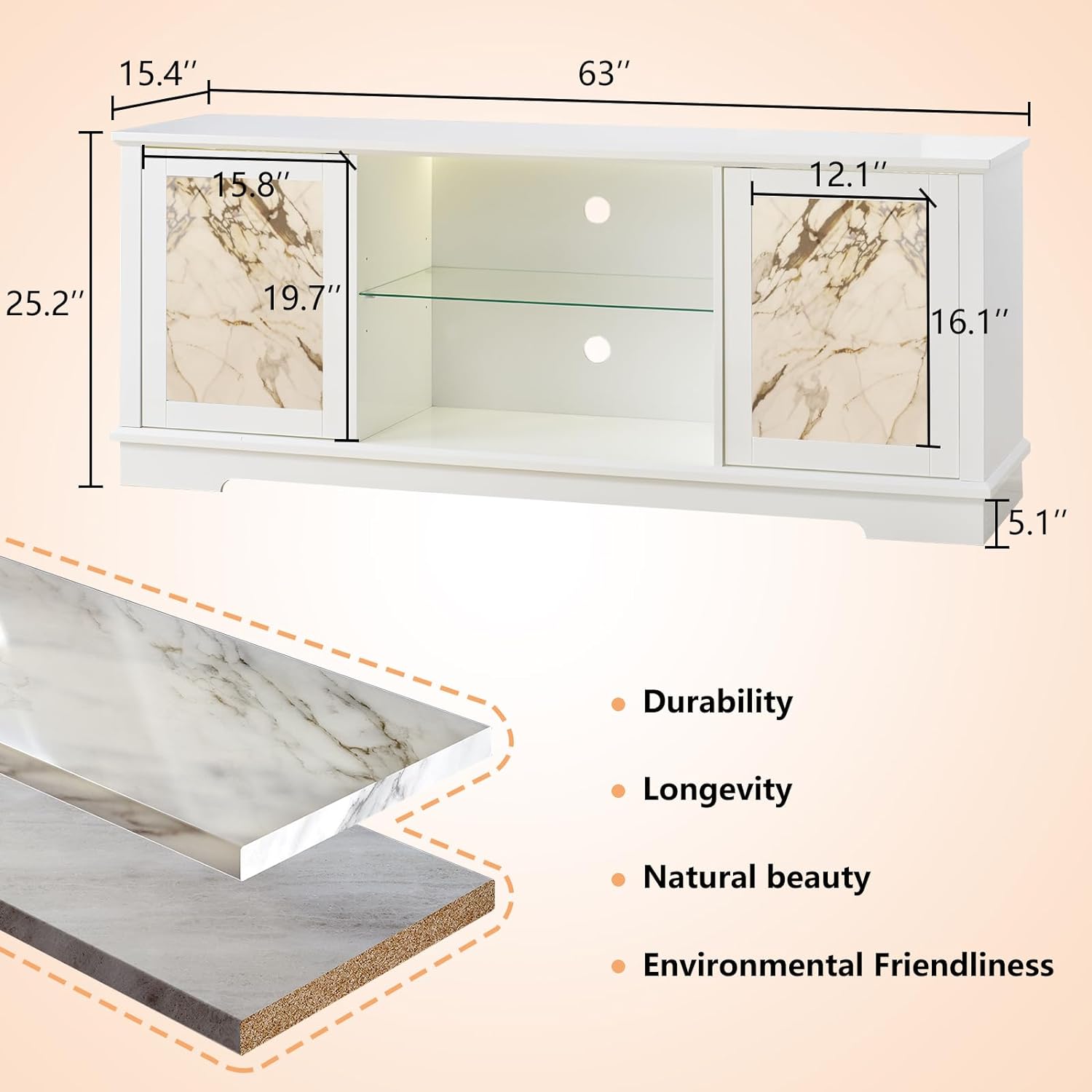 63" Natural Marble TV Stand, Modern High-Gloss Entertainment Hub Featuring LED Lights and Pine Legs, White TV Console Cabinet Accommodating TVs Up to 73"