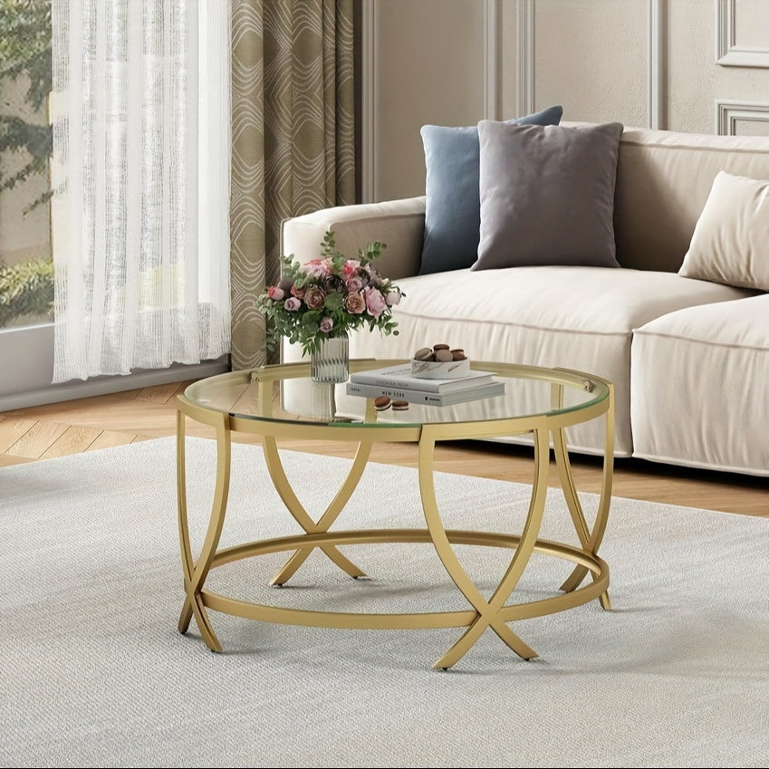 Round Coffee Table For Living Room, Golden Coffee Table With Tempered Glass & Metal Frame, Modern Glass Coffee Table For Home&Office