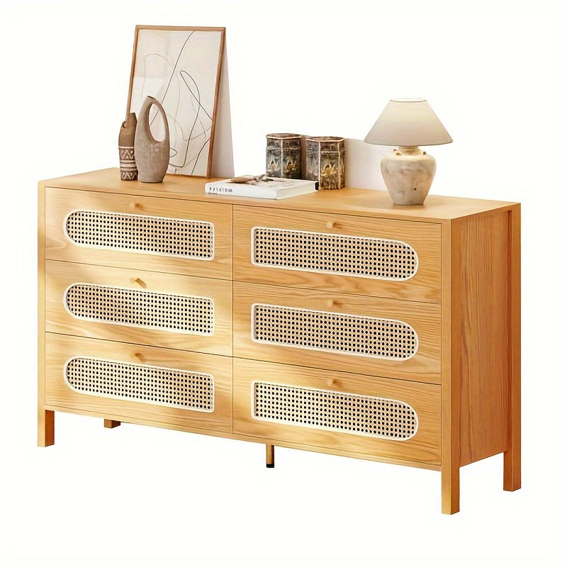 6 Drawer Dresser 120cm Rattan Double Dresser with Handles 3 Layers Chest of Drawers for Bedroom Living Room Oak Color