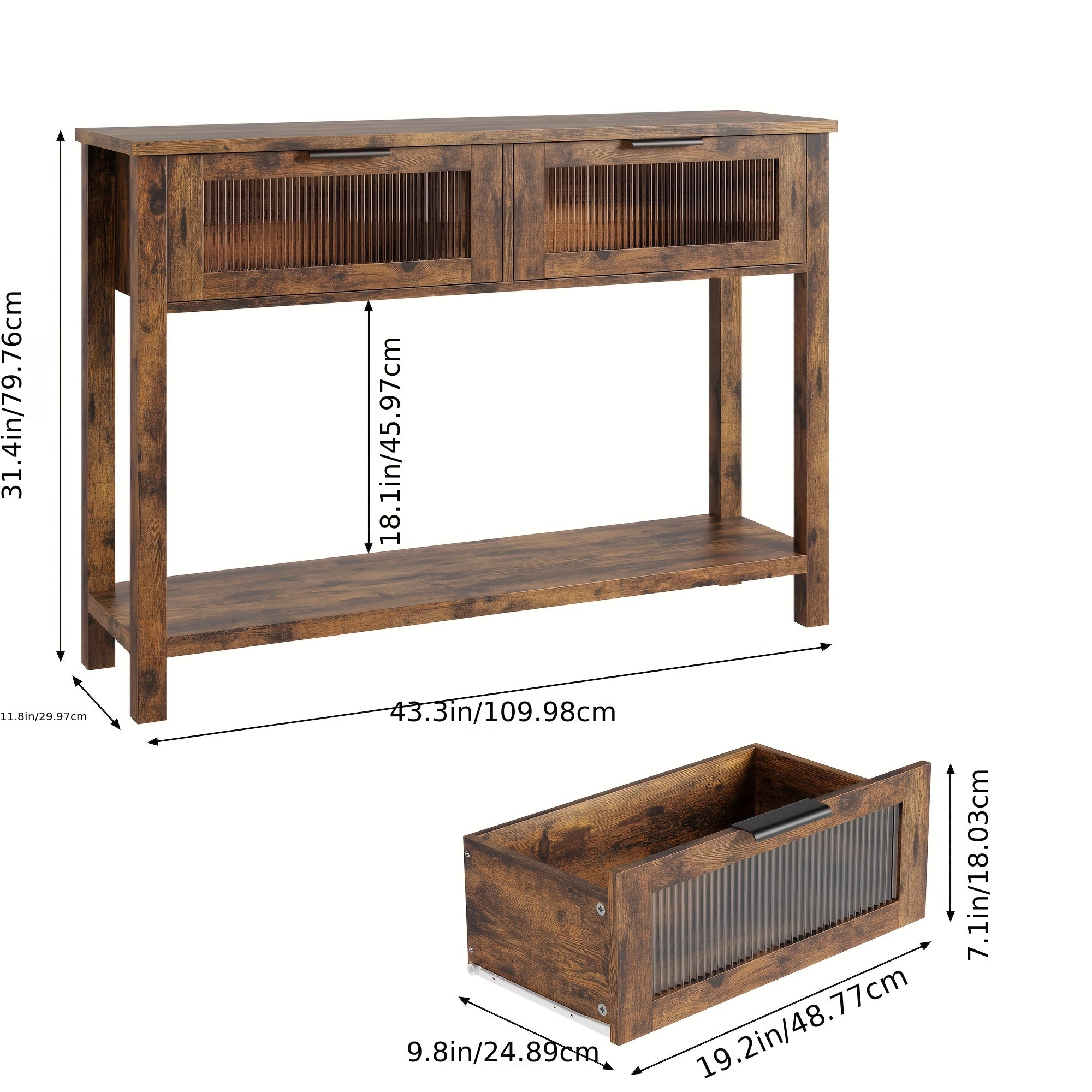 Entryway Table Wood Console Table with 2 Glass Drawers 2 Tier Sofa Table with Storage for Living Room Foyer Tables