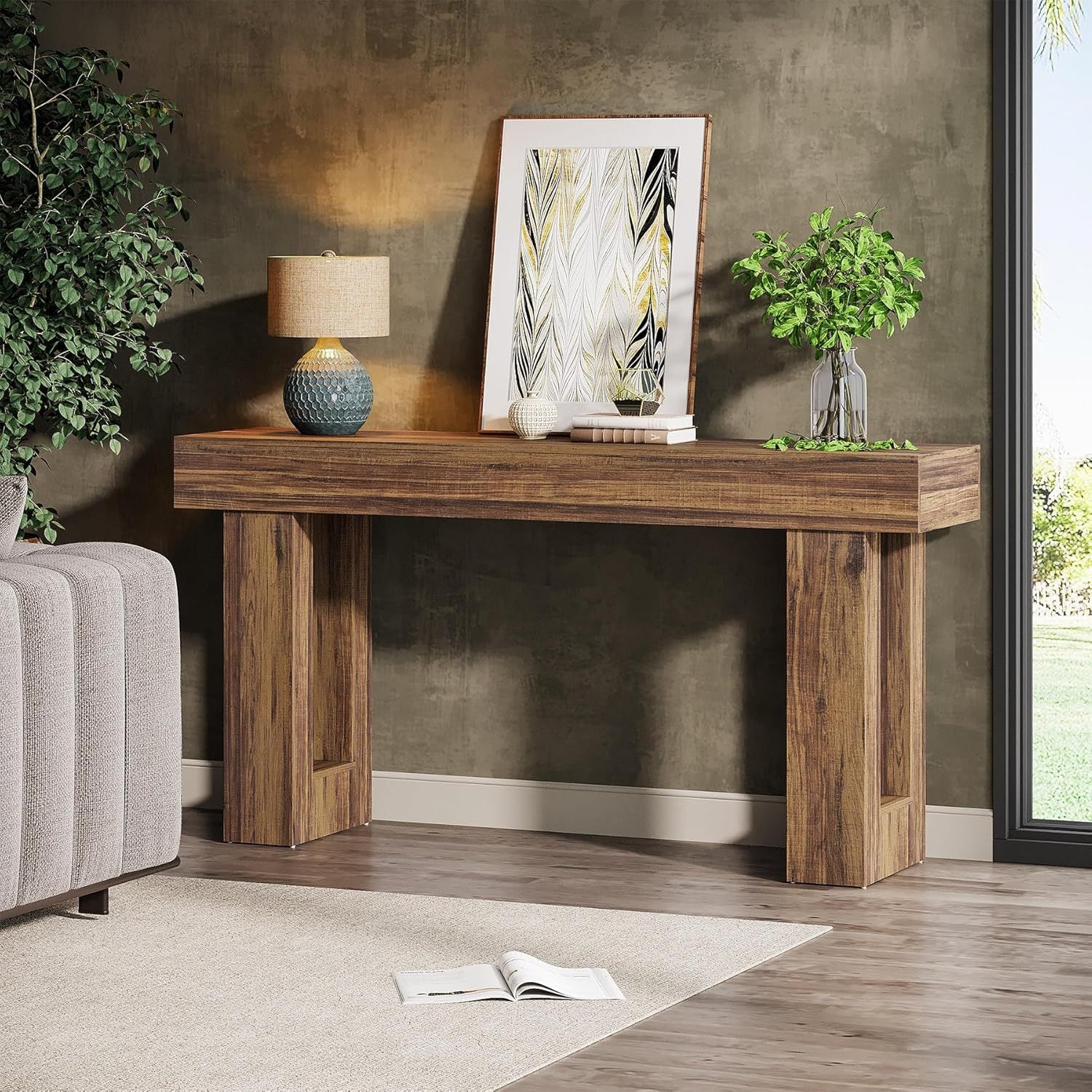 Chic 63" Long Wooden Console Table with Open Storage Space - Contemporary Farmhouse Style, Sturdy Hardwood Construction, Ideal for Entryway, Hallway, Living Room - Features Perfectly Aligned Top & Base Width