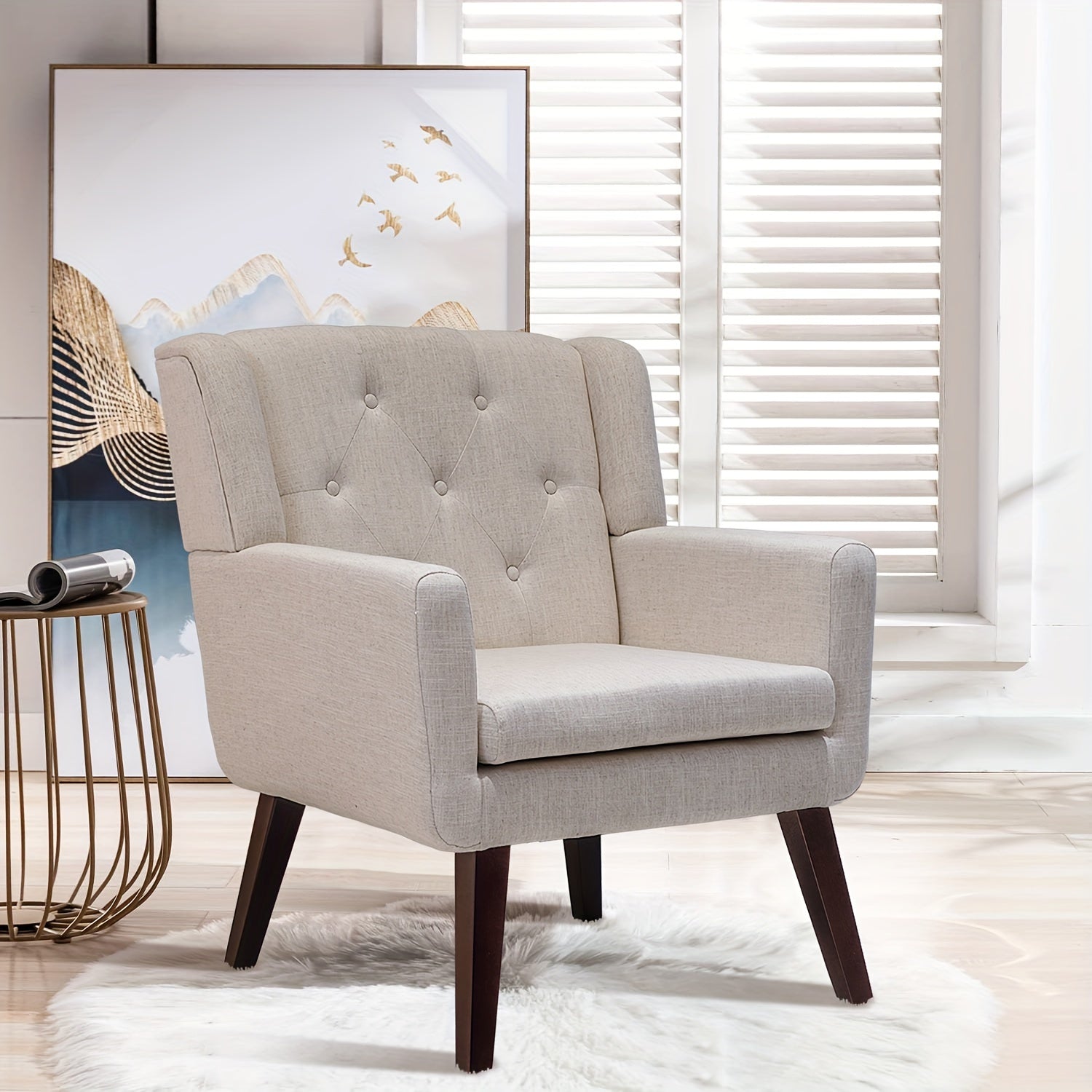 Single Lounge Chair Accent Chair with Arms, Upholstered Living Room Sofa Chair, Modern Cozy Armchair with Pin Decor on Backrest and Wood Legs