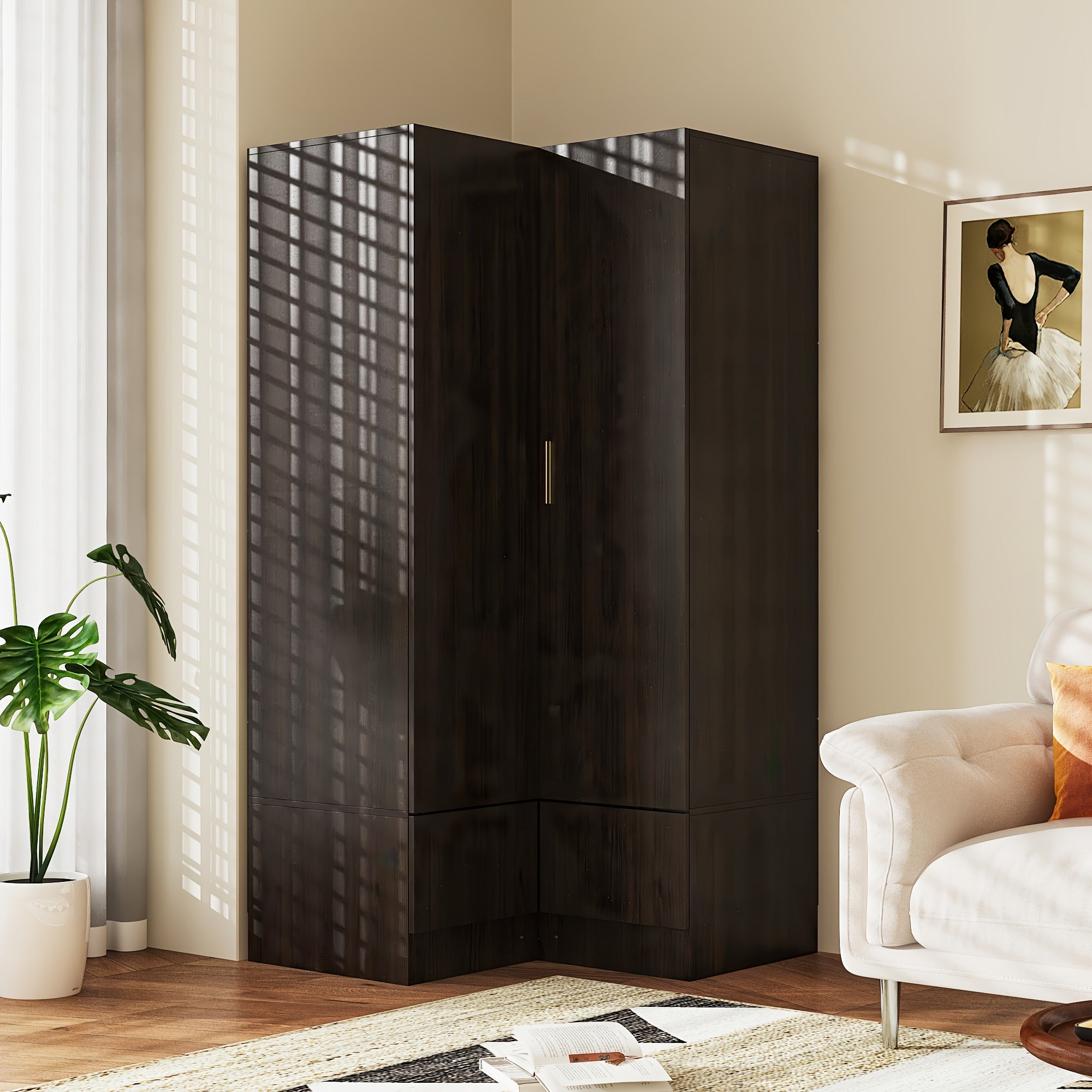 Modern Corner Wardrobe Armoire Closet with 2 Drawers And 2 Hanging Rods, Storage Cabinet for Bedroom, Maximize Your Space with The Versatile Two-Doors, Two-Drawers Corner Wardrobe, Deep Brown