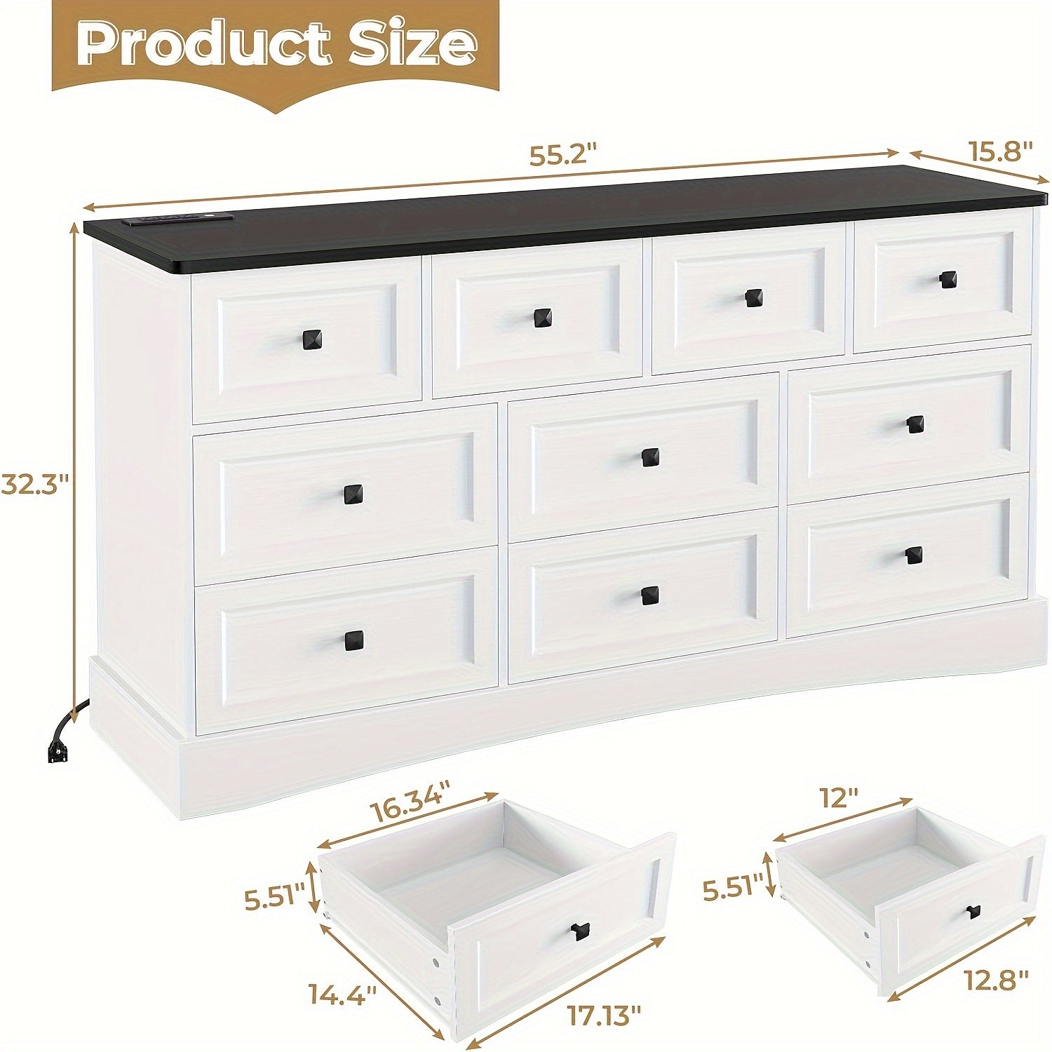 1pcs White/Black Dresser With 10 Drawers For Bedroom Large Dresser/Chest Of Drawers With Charging Station 10 Drawers