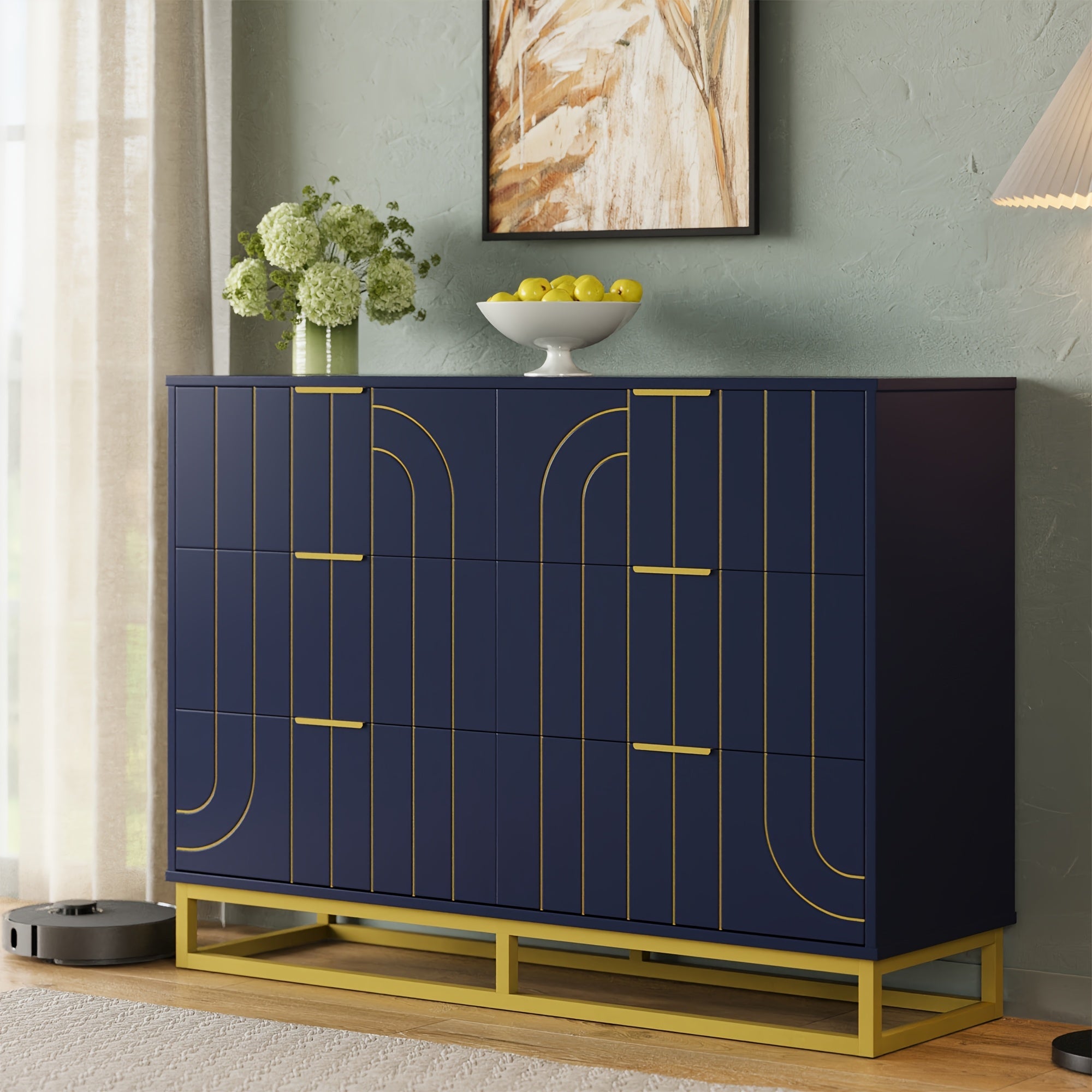 Elegant 48" Dark Blue & Golden Modern Wooden Dresser - Versatile File Storage Cabinet with 6 Drawers, Easy Assembly, Durable Construction for Bedroom, Living Room & Office - Ideal Housewarming Gift for Home Decor Enthusiasts,