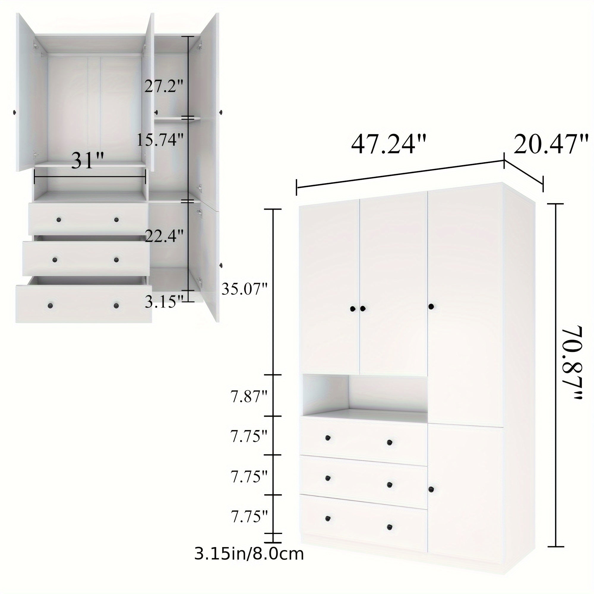 Spacious 3-Door White Wooden Armoire Wardrobe with Hanging Rod - Large Capacity, 3 Drawers & Open Storage, Perfect for Bedroom Organization