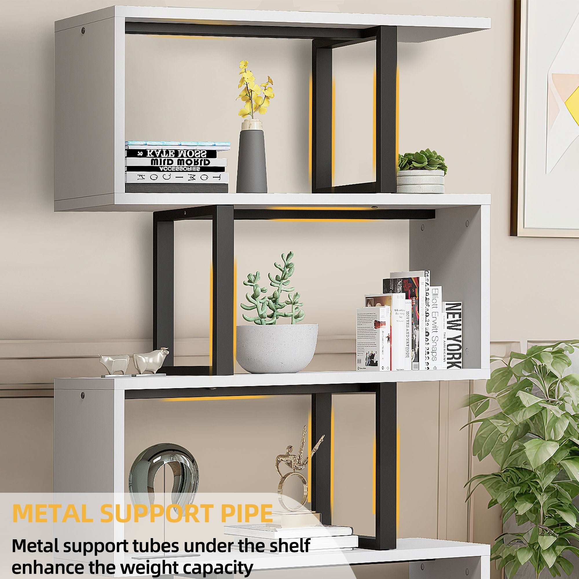 5- Tier S- Shaped Bookcase with Open Display Storage for Living Space - Black + White - Bookshelf Westberry Furniture