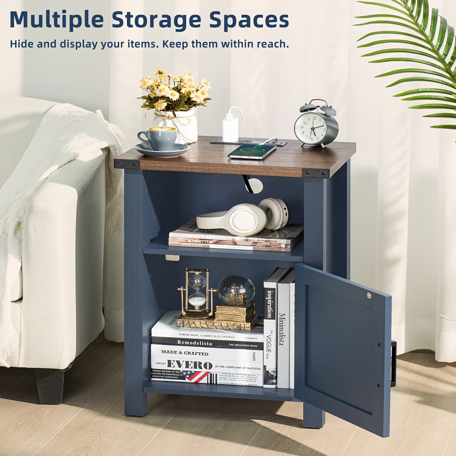 Charming Dark Blue 18" Farmhouse Nightstand with Charging Station & USB Port, Rustic Hardwood End Table with Magnetic Doors & Storage Shelf - Ideal for Bedroom Comfort, Bedroom Decor